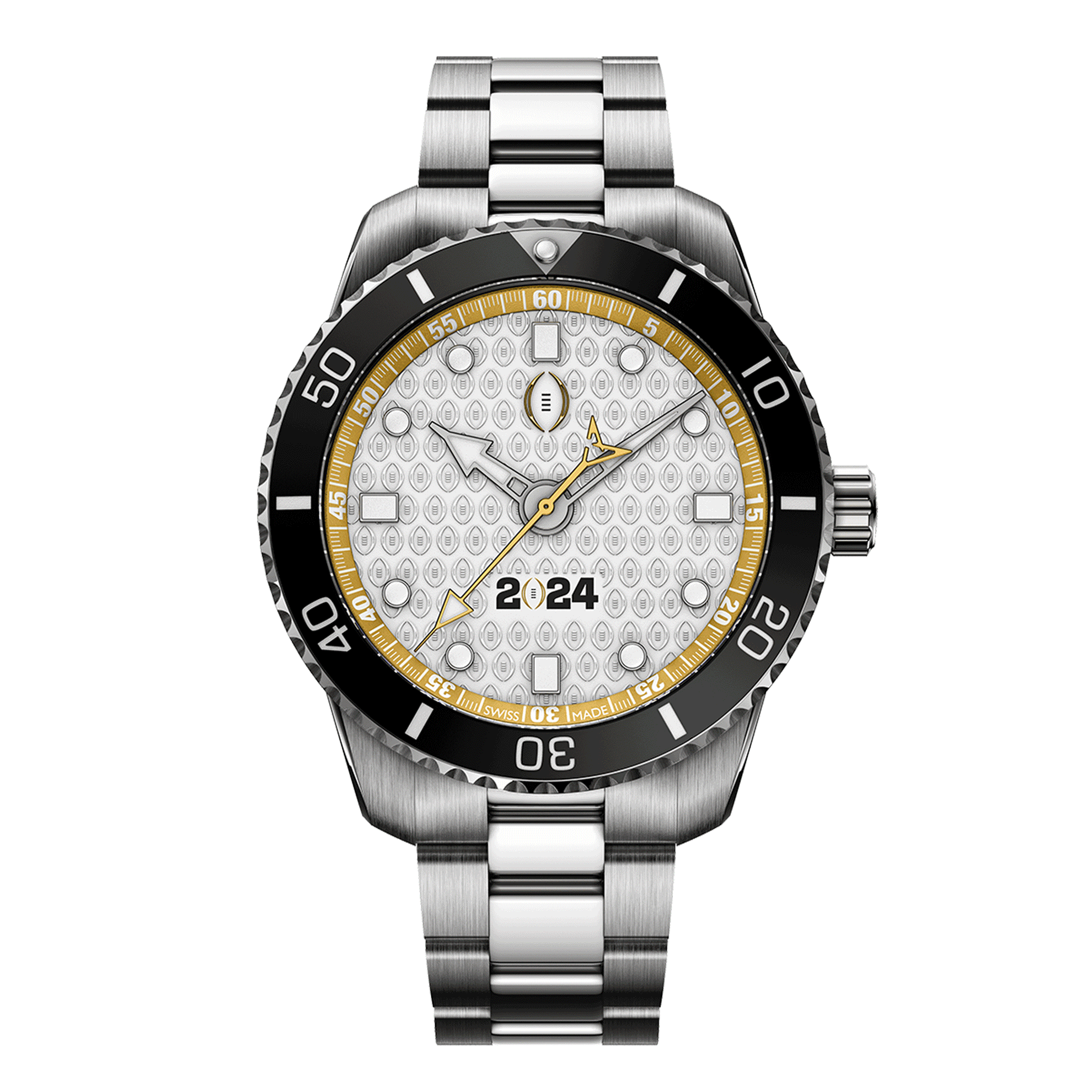 CFP 2024 swiss made automatic watch. GIF showing all 4 team designs: Alabama crimson tide, Michigan Wolverines, Texas Longhorns, Washington Huskies, and the CFP version.