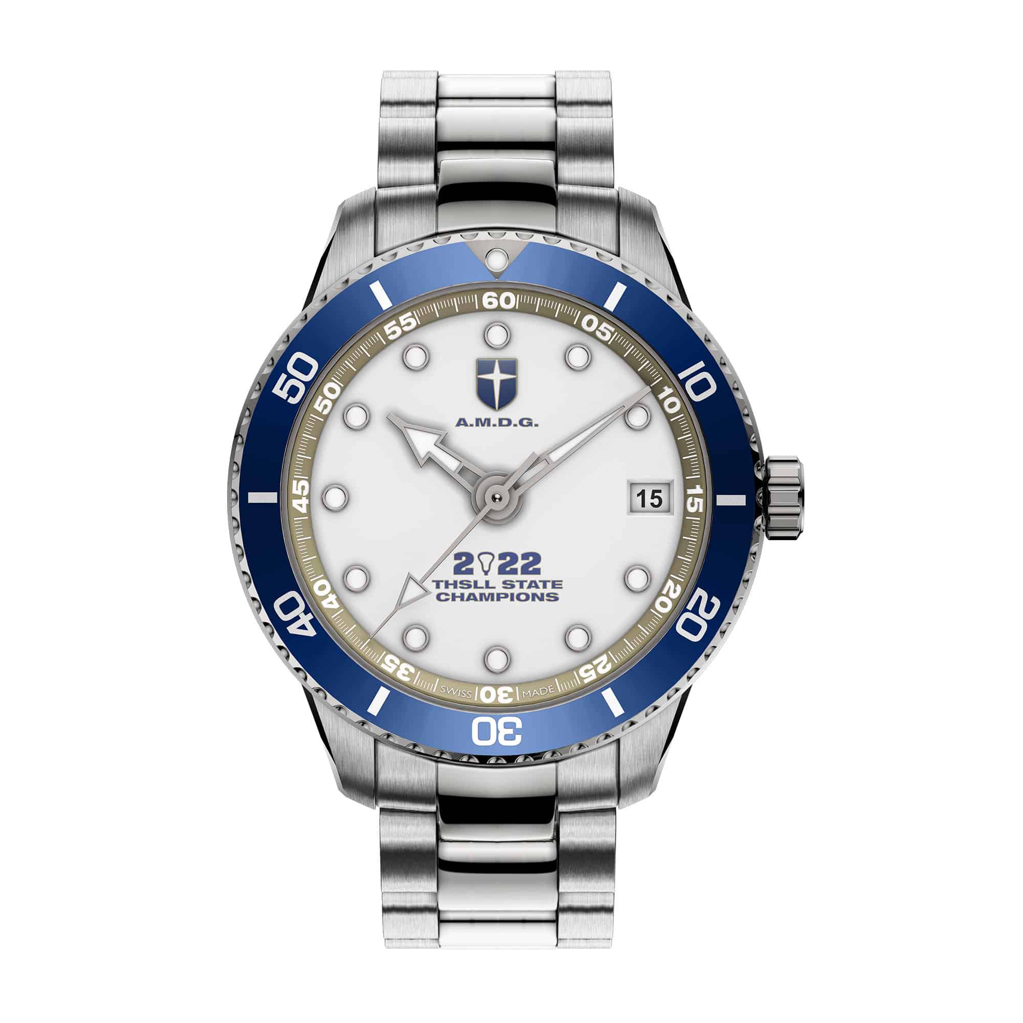 Jesuit Dallas 2022 THSLL State Champions Swiss made automatic watch. Front view.