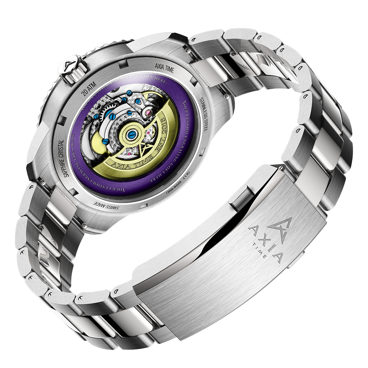 Odysseus Divers LSU Swiss made automatic watch. Exhibition back (open) case view.