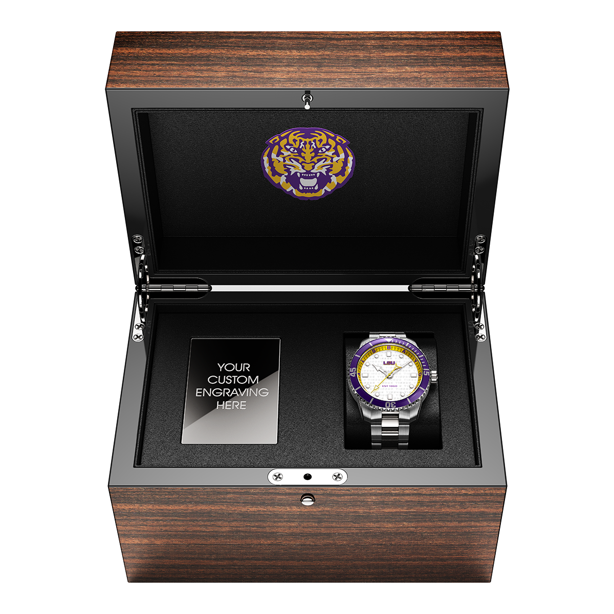 Odysseus Divers LSU Swiss made automatic watch. Wood display box--open view.