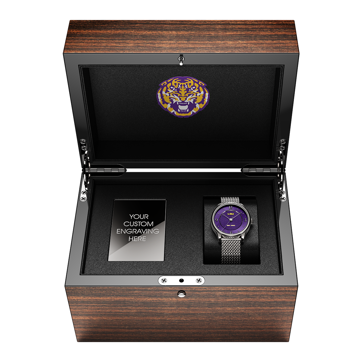Aletheia LSU Swiss made automatic watch. Wood display box open view.