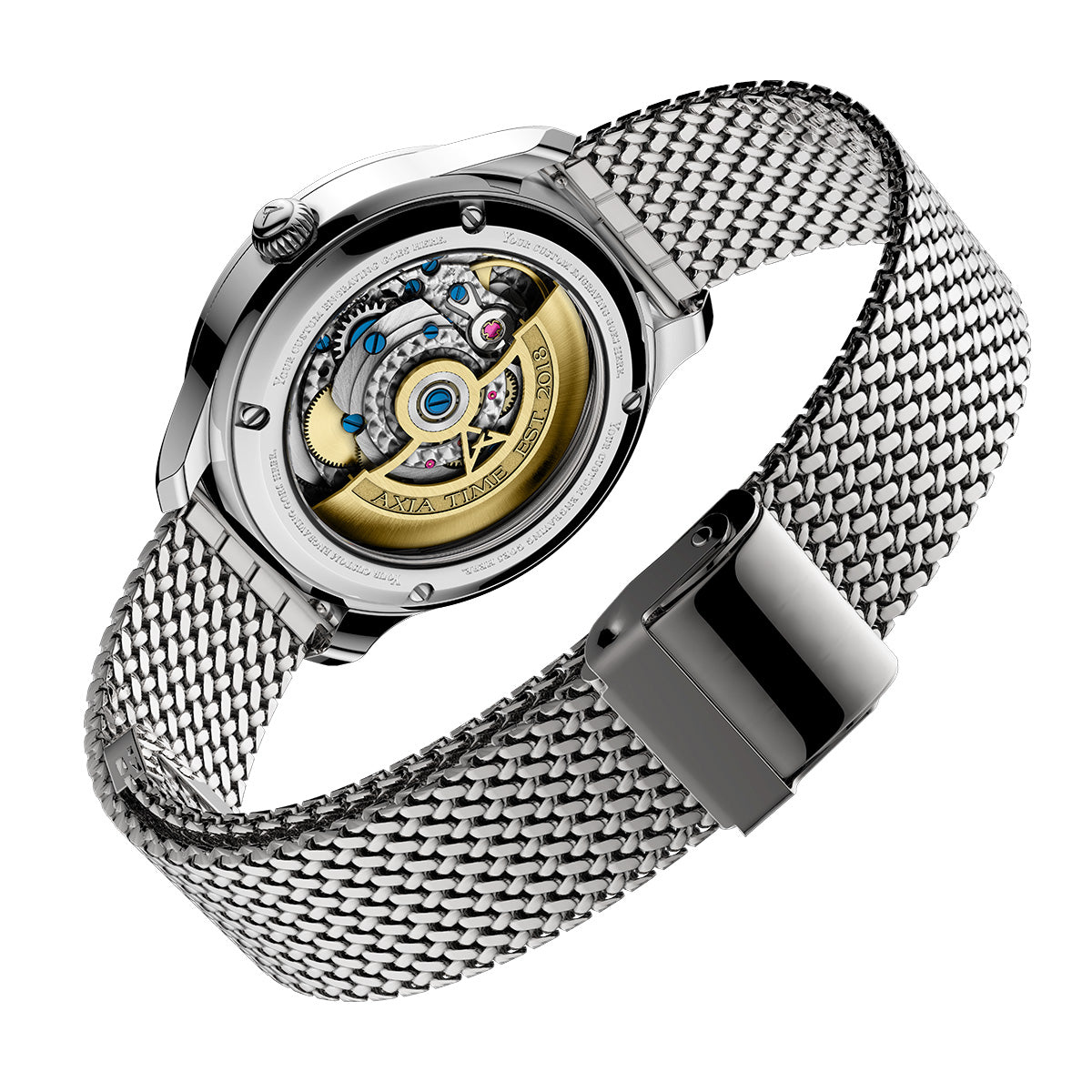 Aletheia UCONN University of Connecticut swiss made automatic watch. Exhibition case open back view.