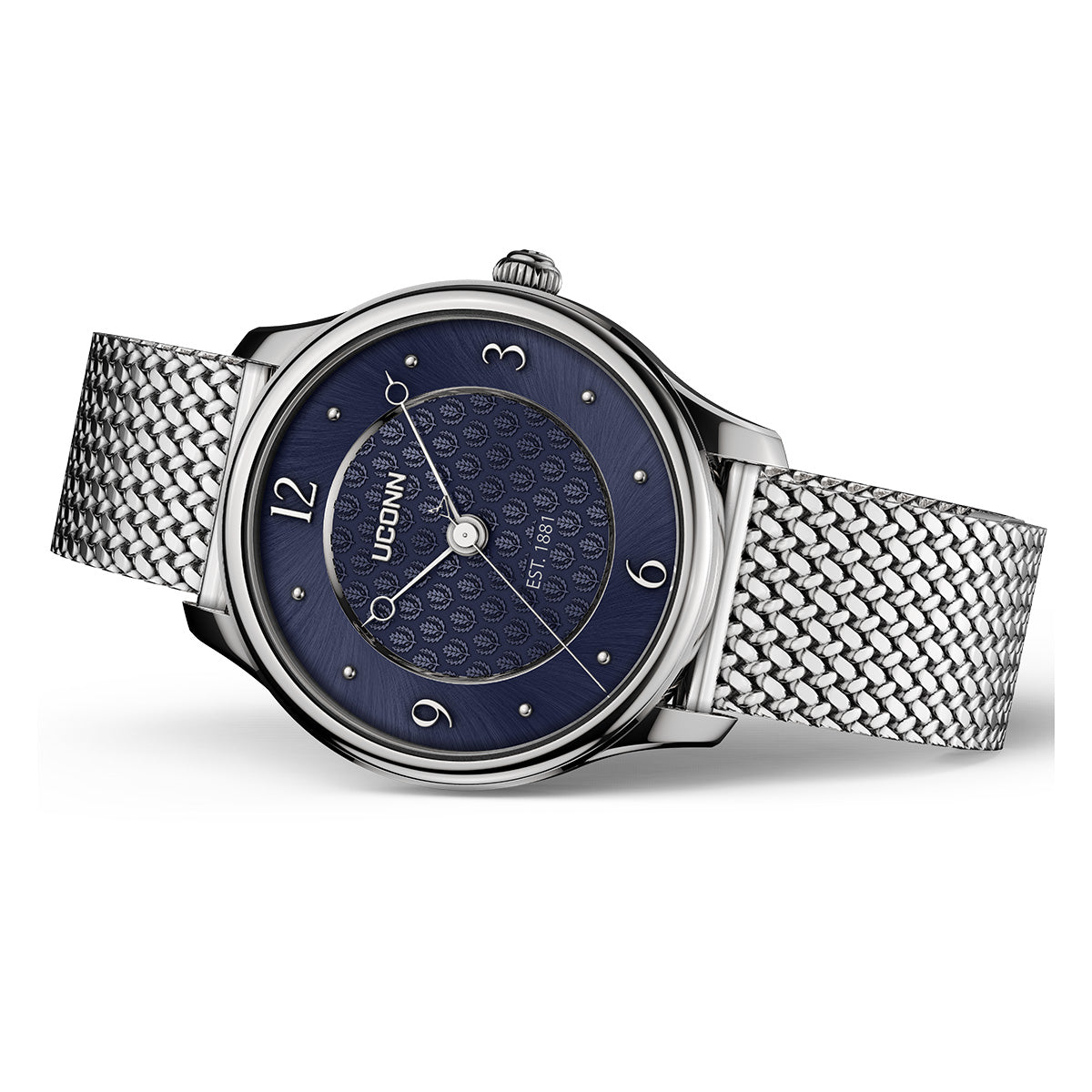 Aletheia UCONN University of Connecticut swiss made automatic watch. Table view.