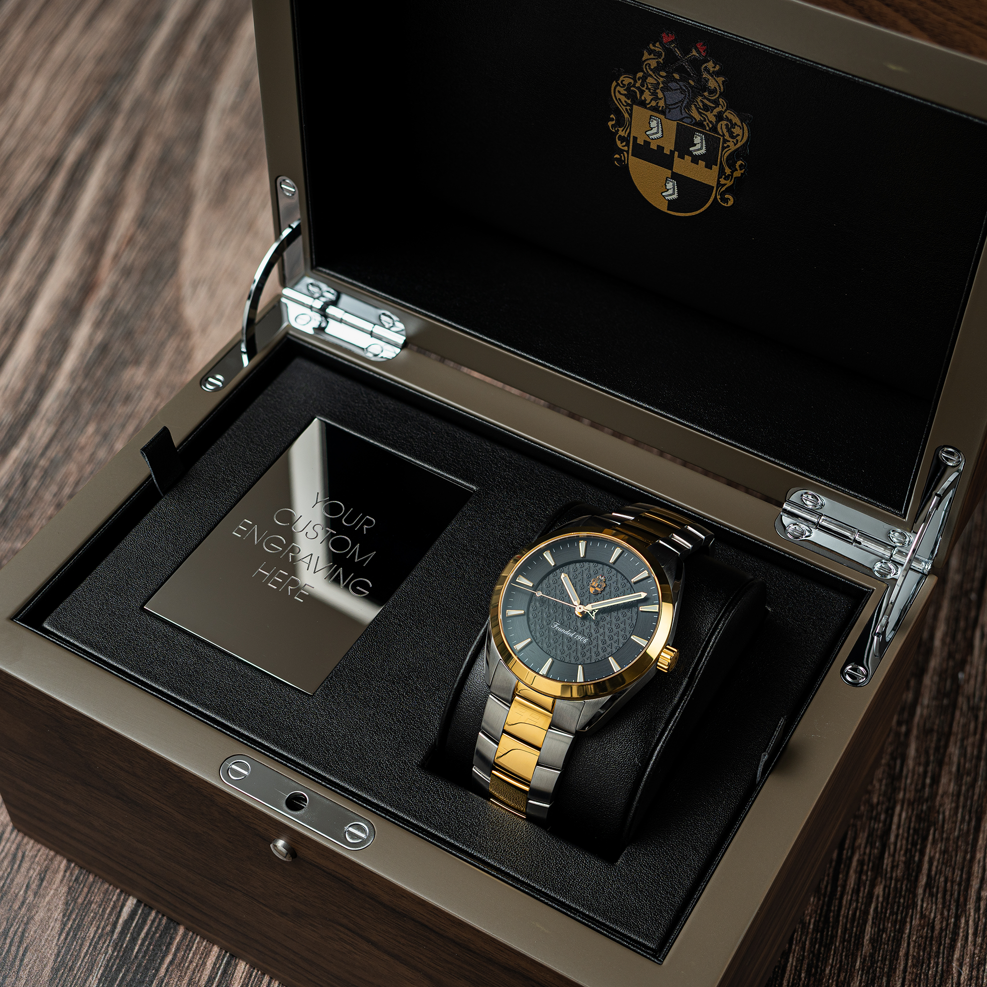 display box with Alpha Phi Alpha swiss made automatic watch