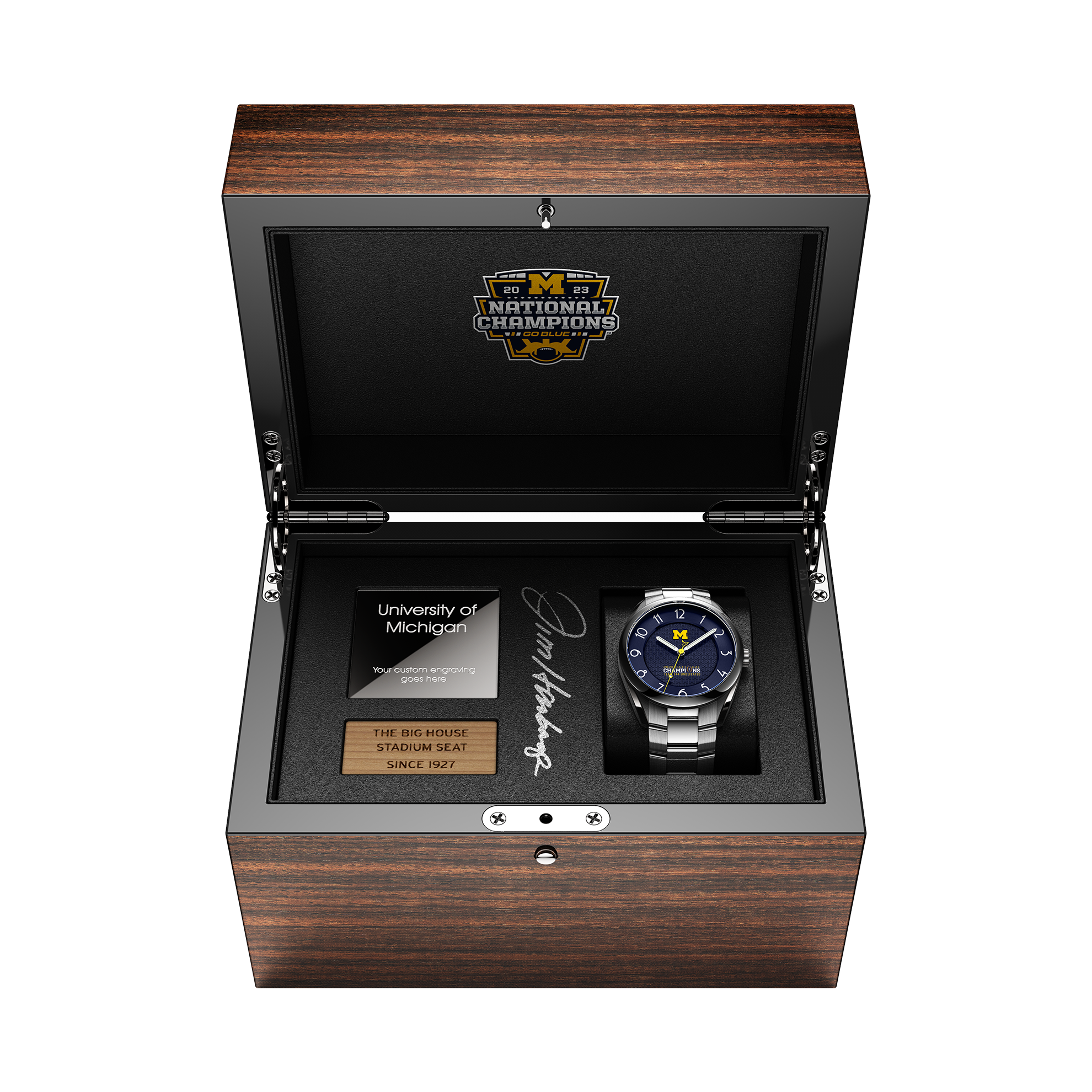 2023 Michigan National Champions Jim Harbaugh autographed display box with the Kairos II Swiss made automatic watch in stainless steel  and a piece of wood from The Big House stadium seats originally installed in 1927.