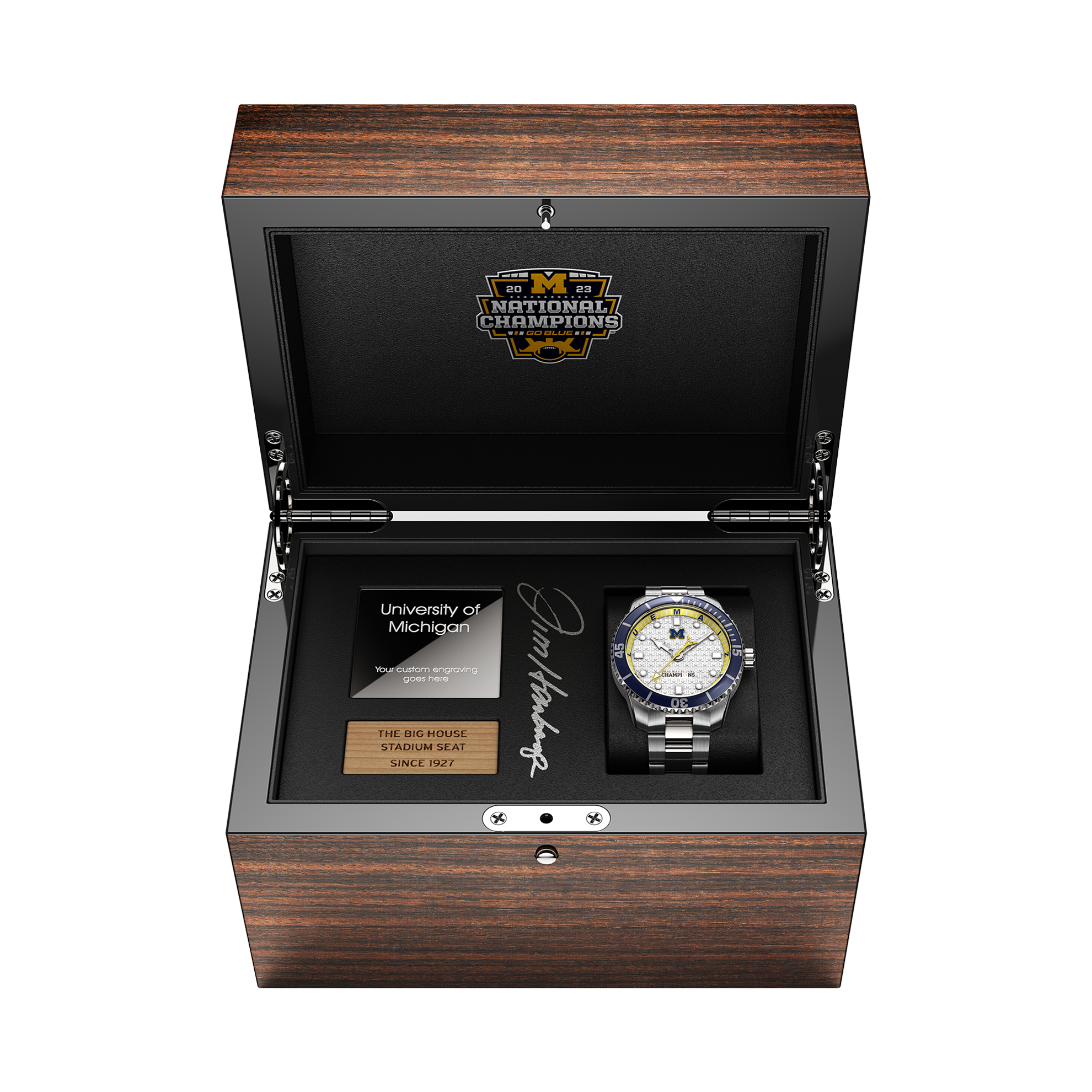 2023 Michigan National Champions Jim Harbaugh autographed display box with the Odysseus Swiss made automatic watch and a piece of wood from The Big House stadium seats originally installed in 1927.