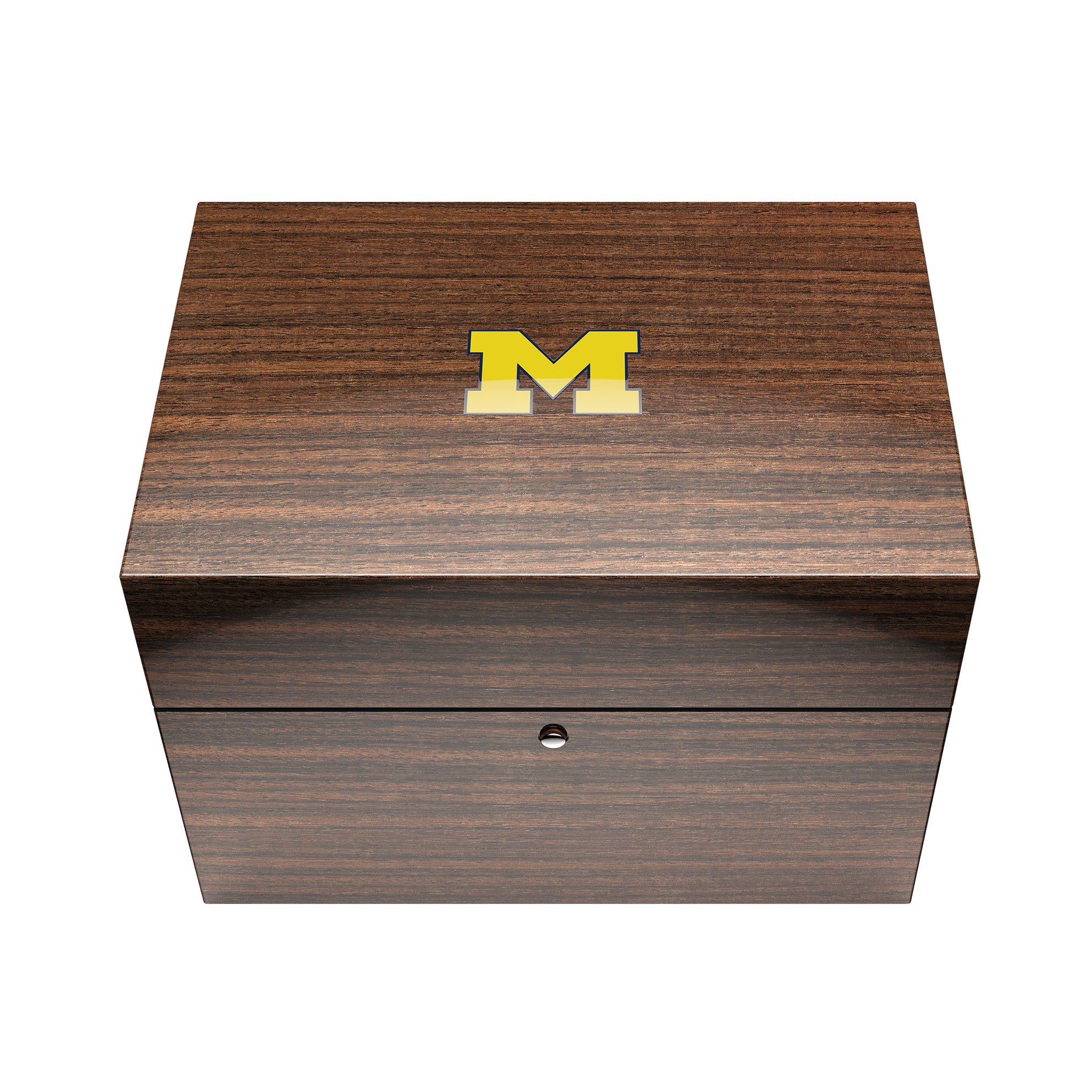 Closed view of the 2023 Michigan National Champions wood display box.