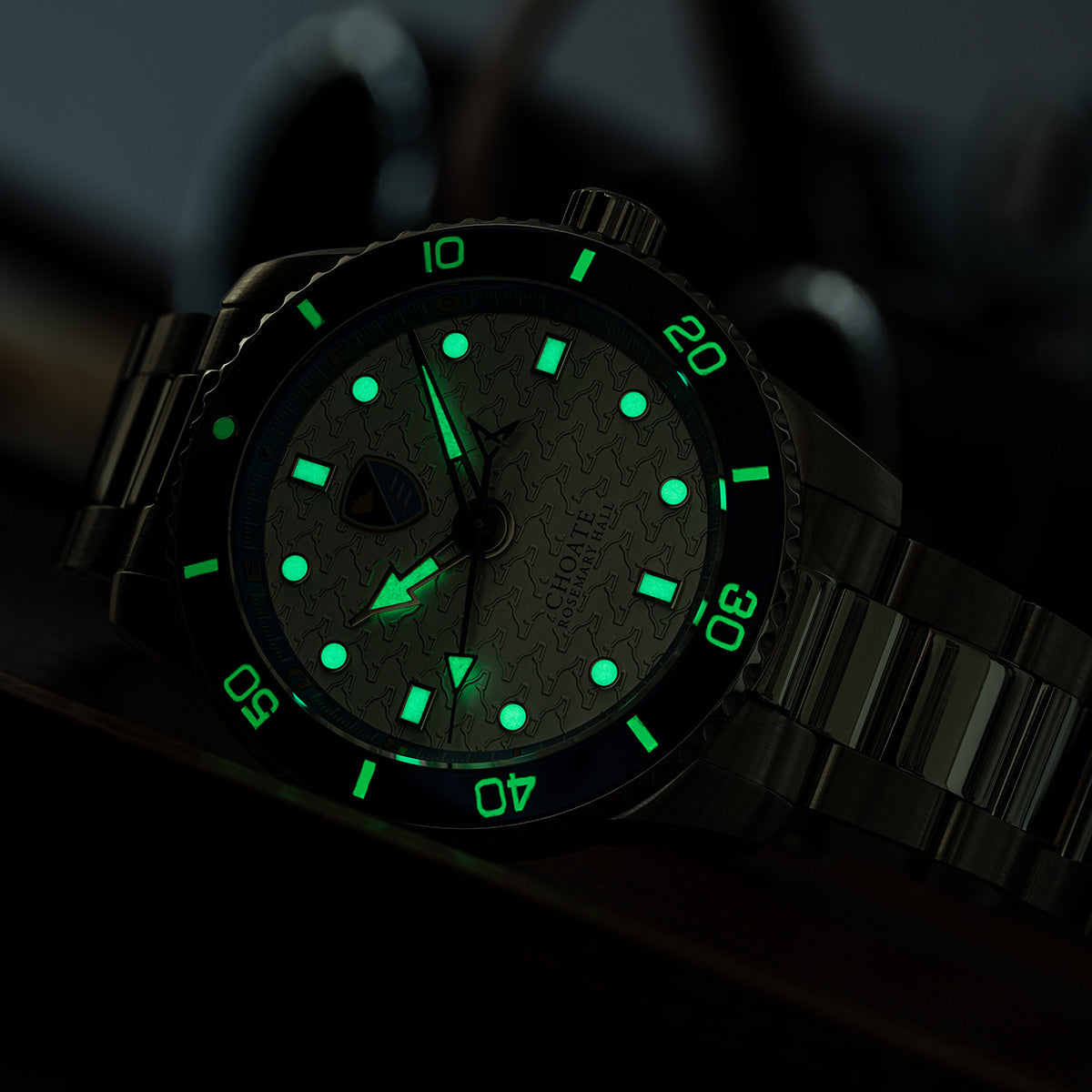 Choate Odysseus Swiss made automatic watch. Lume view (glow in the dark)..