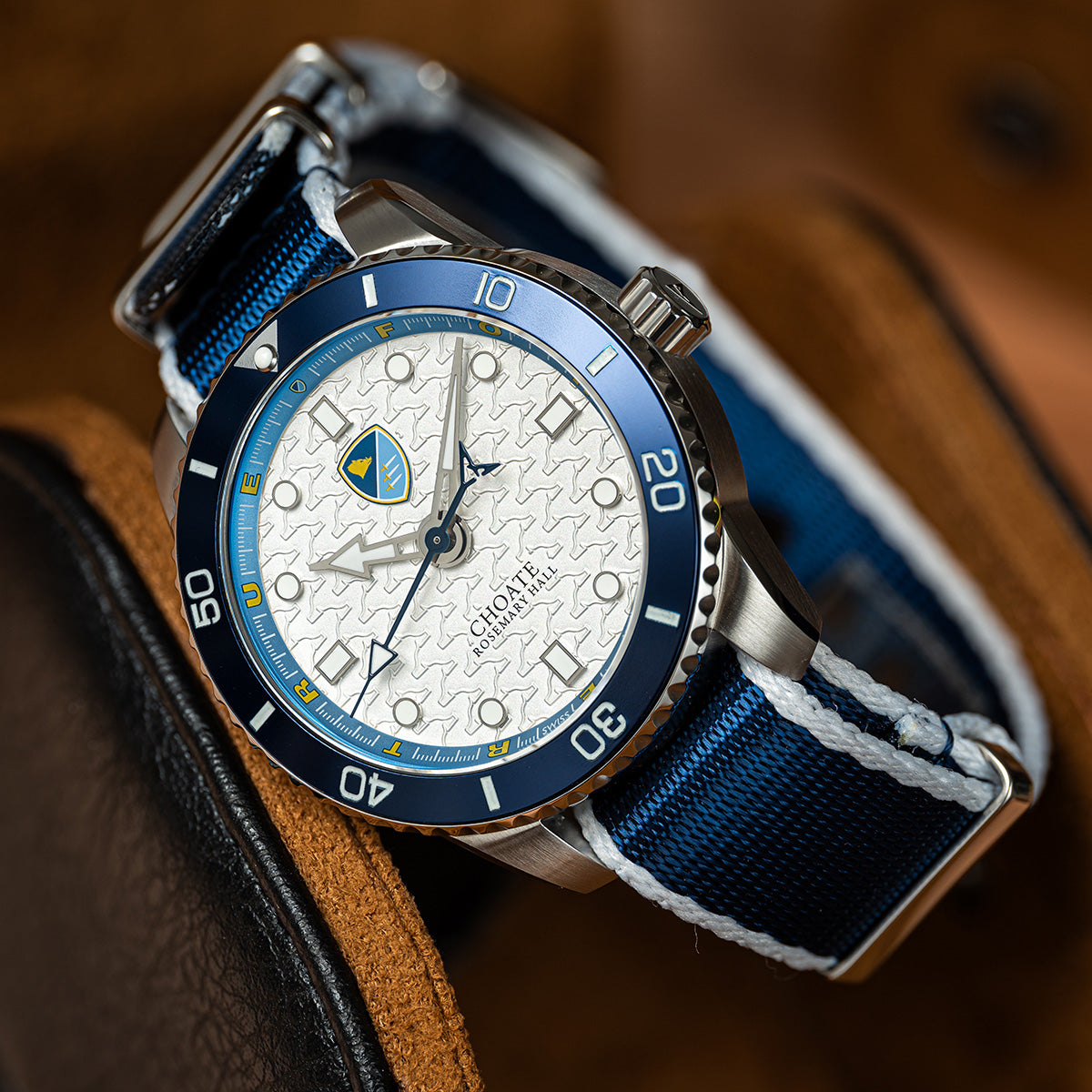 Choate Odysseus Swiss made automatic watch. Table view, NATO strap.