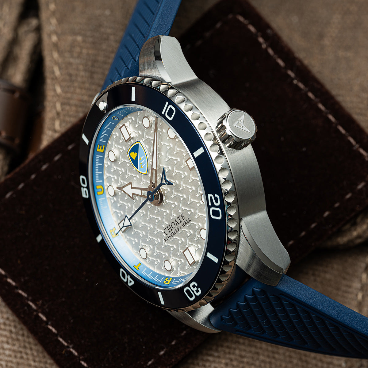 Choate Odysseus Swiss made automatic watch. Side view rubber strap.