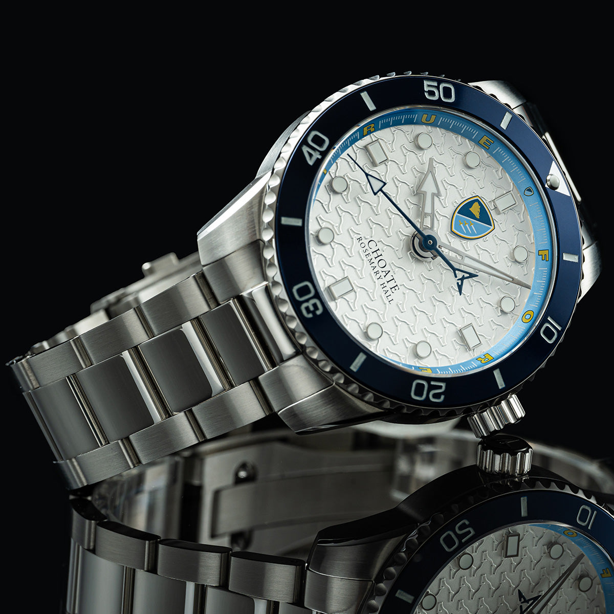 Choate Odysseus Swiss made automatic watch. Front view table reflection.