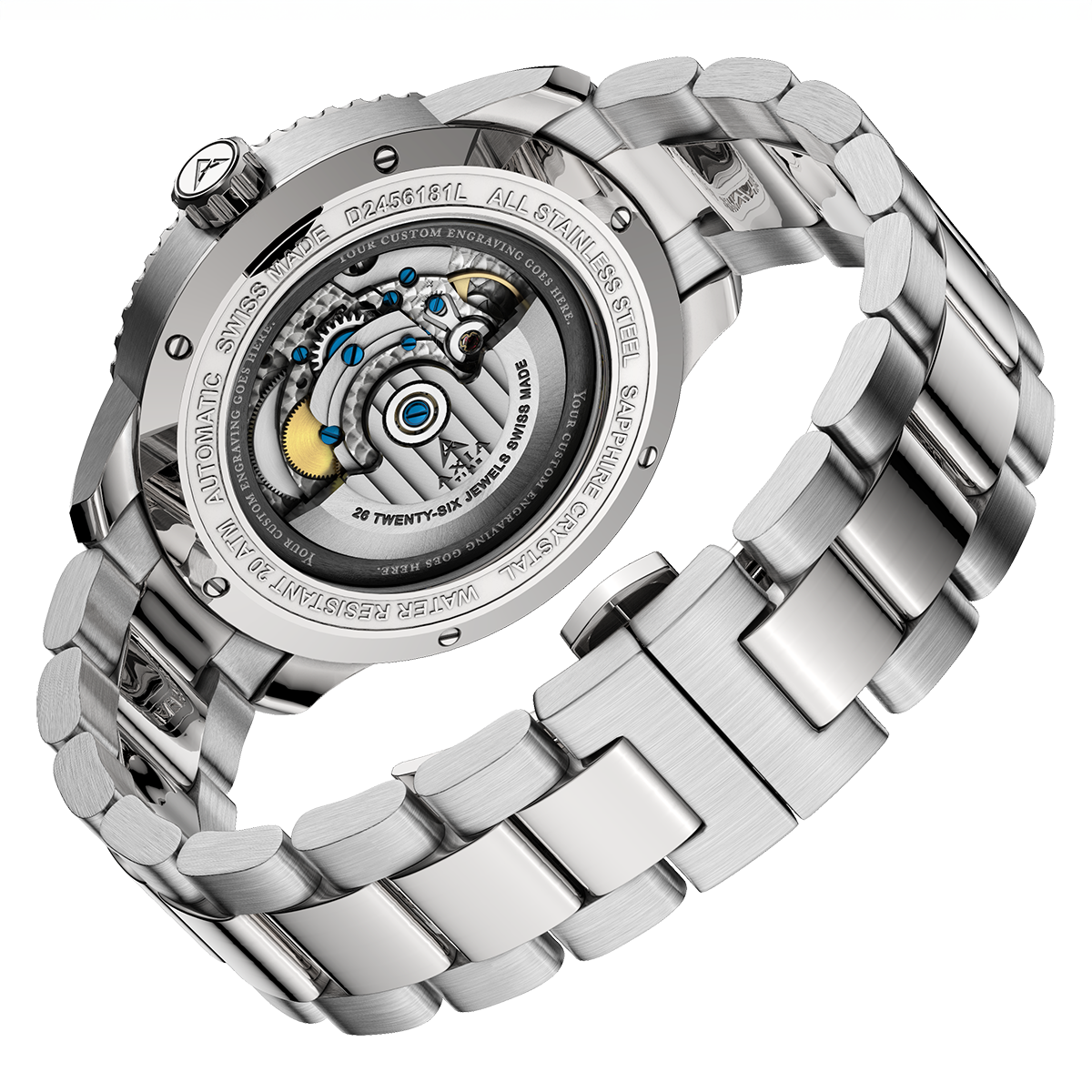 Radnor lacrosse 2023 State Champions Swiss made automatic watch. Back view.