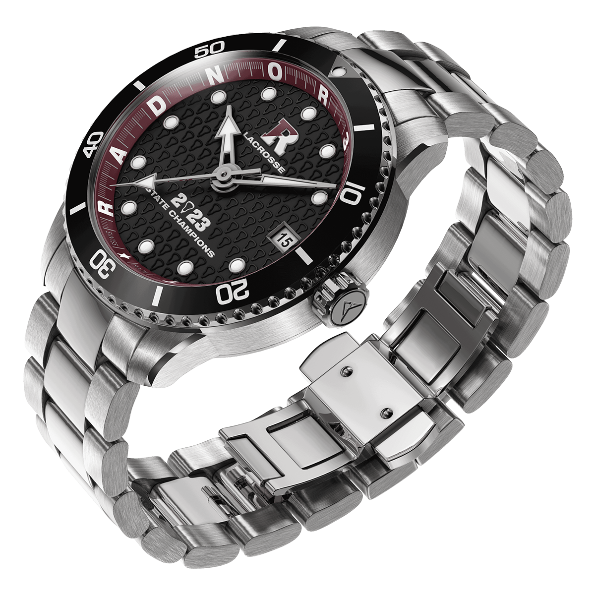 Radnor lacrosse 2023 State Champions Swiss made automatic watch. Three quarter view.
