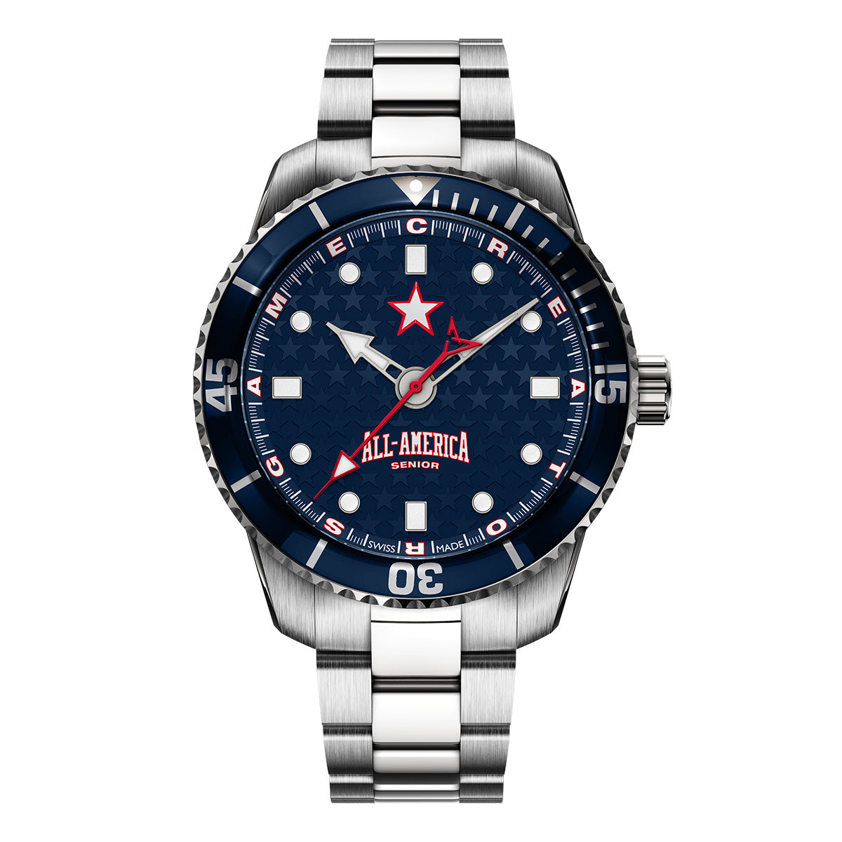 All America Lacrosse Odysseus seniors (blue dial) Swiss made automatic watch. Front view with stainless steel bracelet.