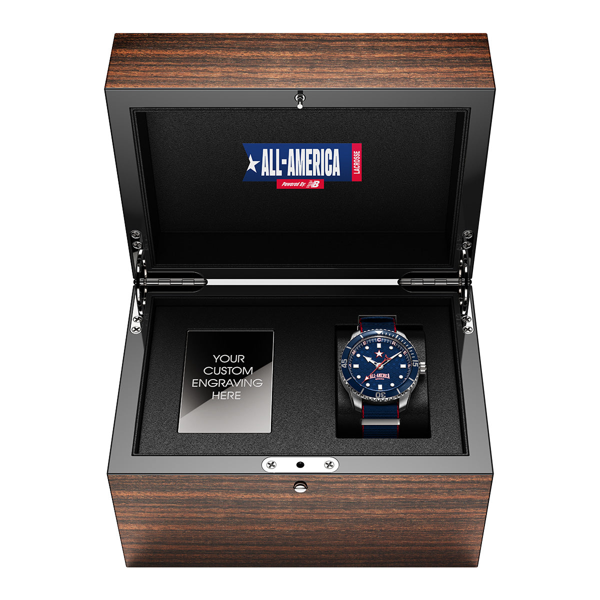 All America Lacrosse Senior Odysseus (blue dial). Swiss made automatic watch. Wood display box, open box view..