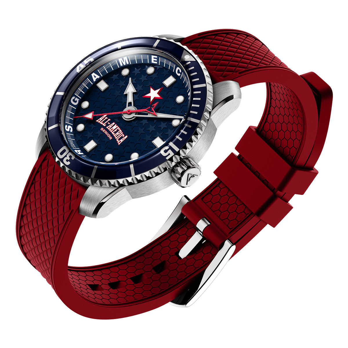 All America Lacrosse Senior Odysseus Swiss made automatic watch. Blue dial. Three quarter view with red rubber strap.