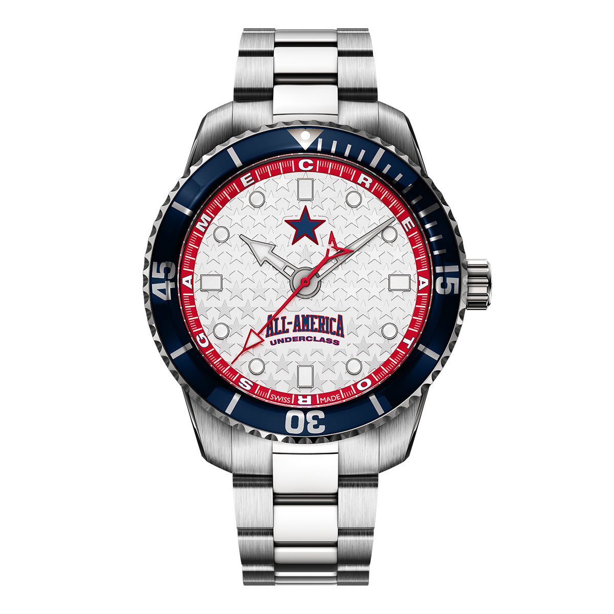 All America Lacrosse underclass Odysseus (white dial). Swiss made automatic watch. Front view with stainless steel bracelet.