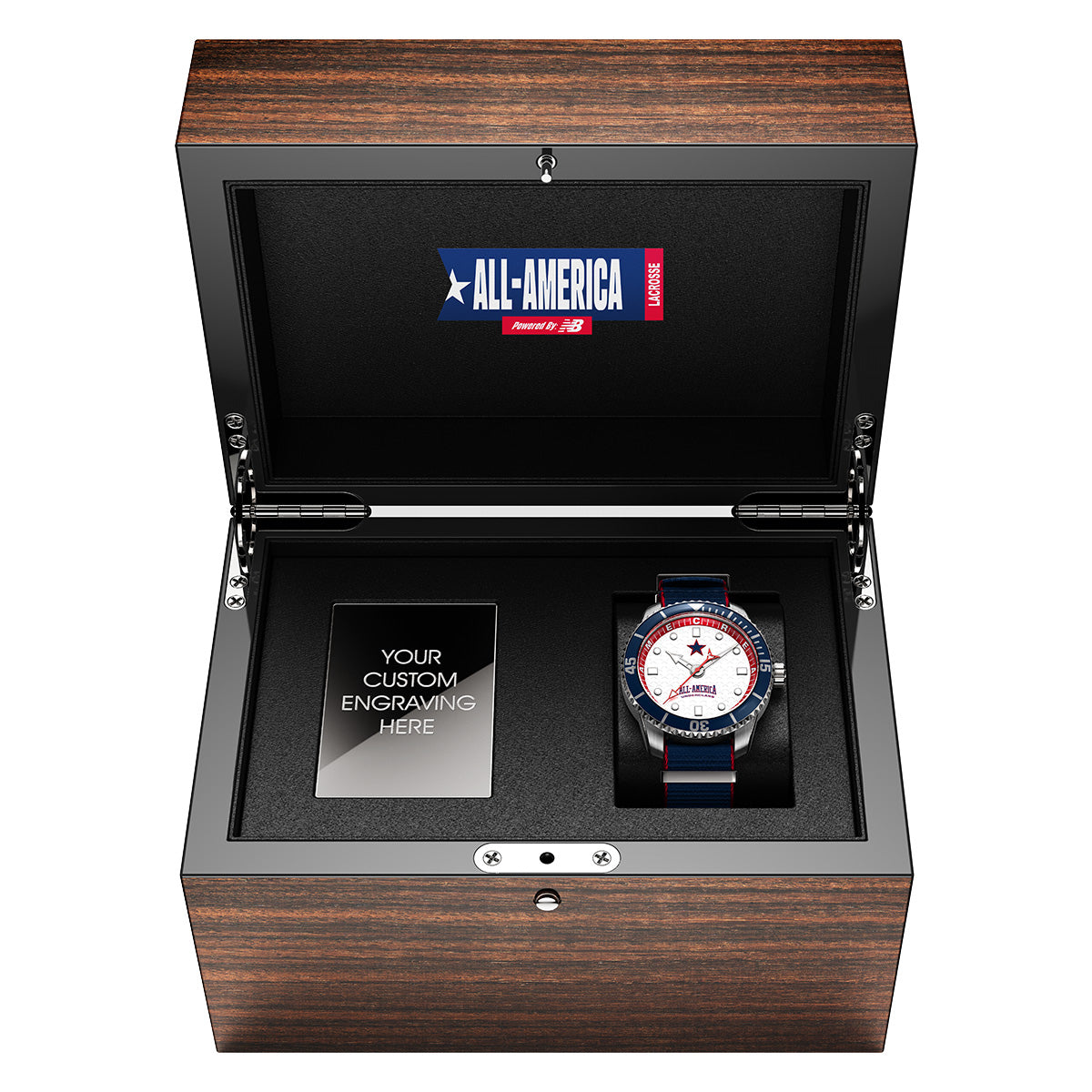 All America Lacrosse underclass Odysseus (white dial). Swiss made automatic watch. Wood display box, open view.