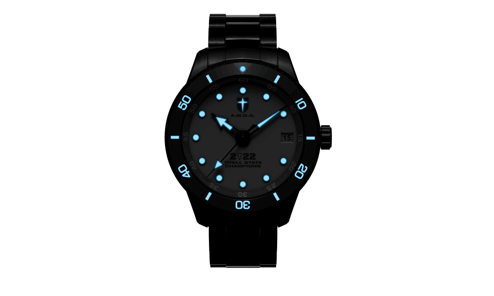 Jesuit Dallas 2022 THSLL State Champions Swiss made automatic watch. Lume view.