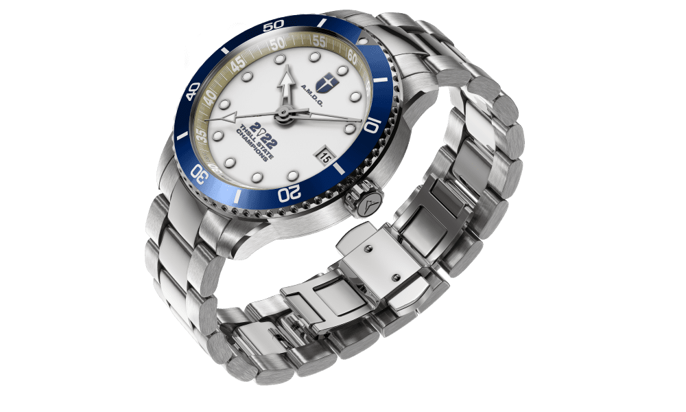 Jesuit Dallas 2022 THSLL State Champions Swiss made automatic watch. Three quarter view.