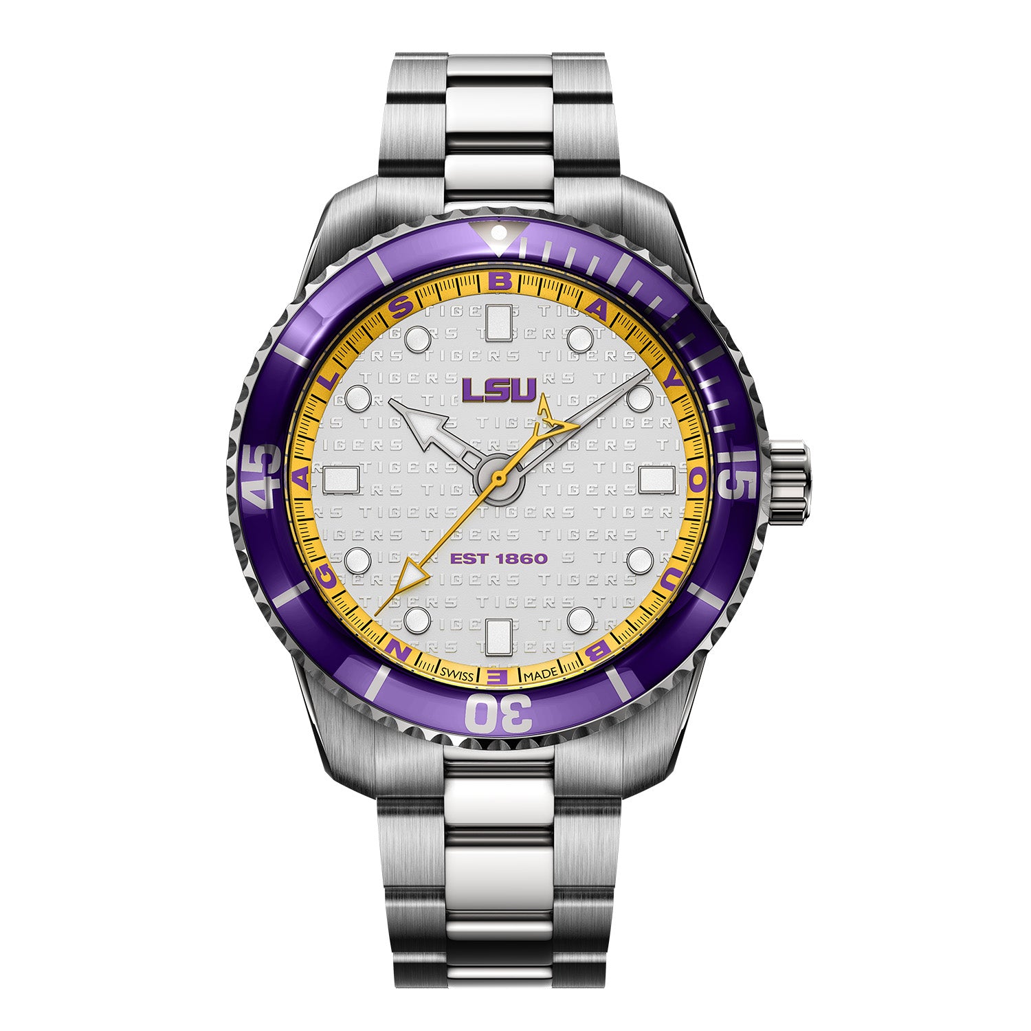 LSU Swiss made automatic watch. Front view.