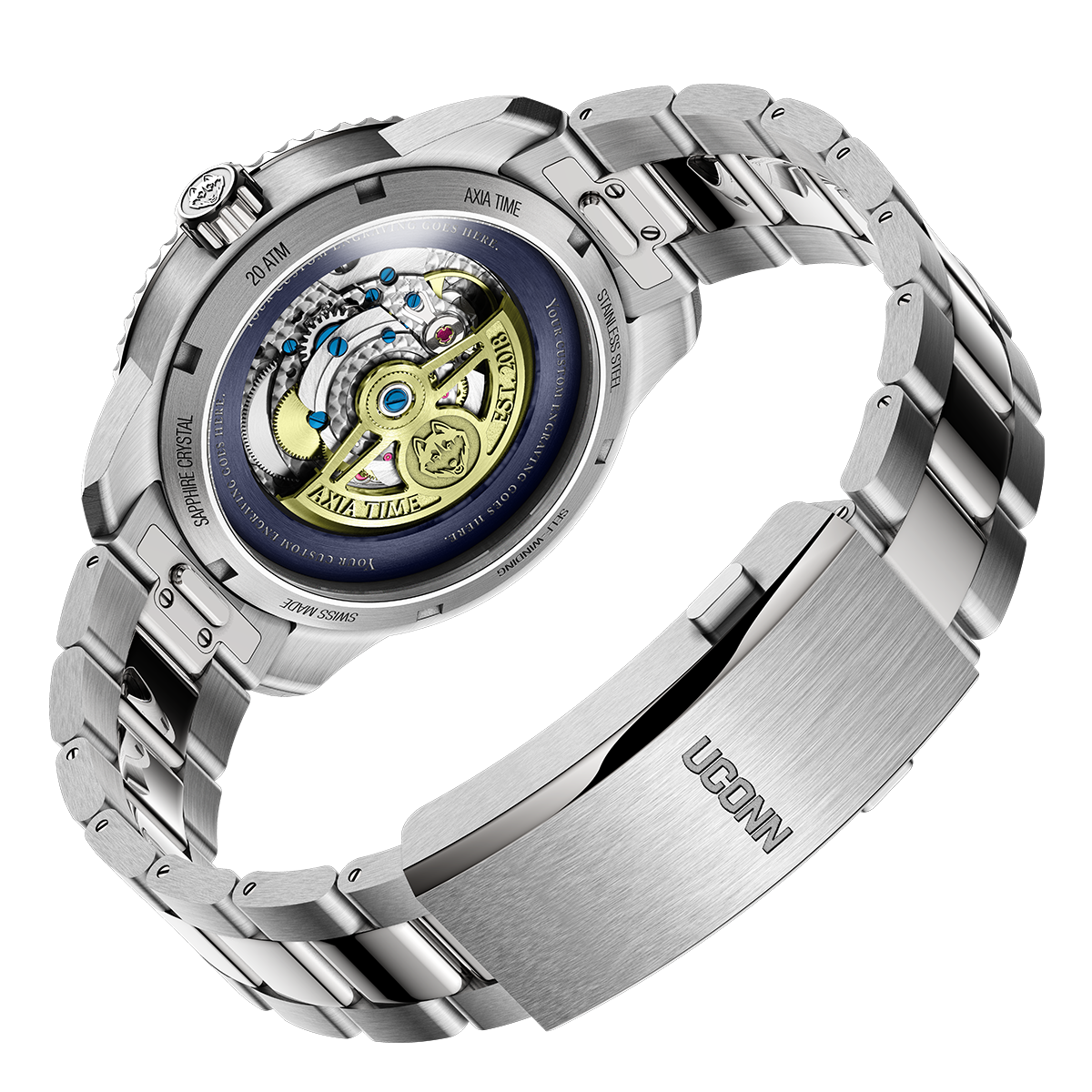 UCONN 2024 National Champions Swiss made automatic watch. Back to back champions. Back view.