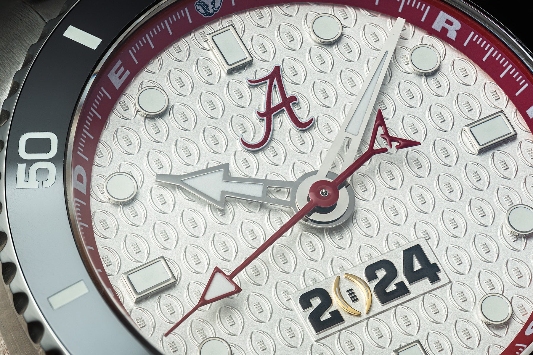 CFP 2024 Alabama Crimson Tide Odysseus swiss made automatic watch. Zoom in of the dial..