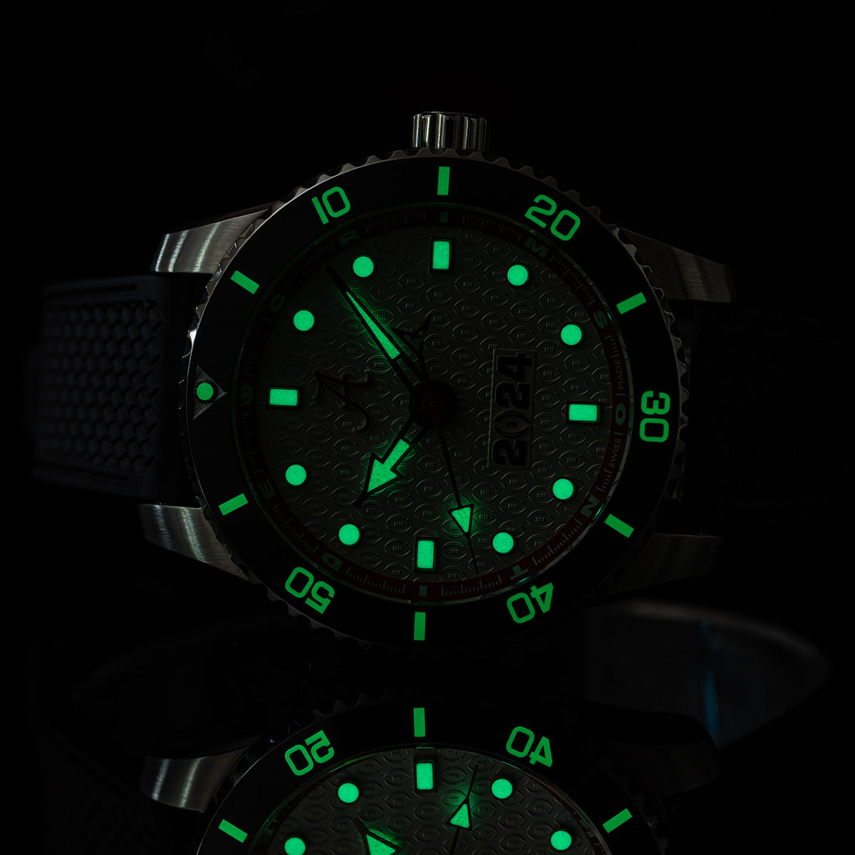 CFP 2024 Alabama Crimson Tide Odysseus swiss made automatic watch. Lume Shot (glow in the dark) on a mirror.