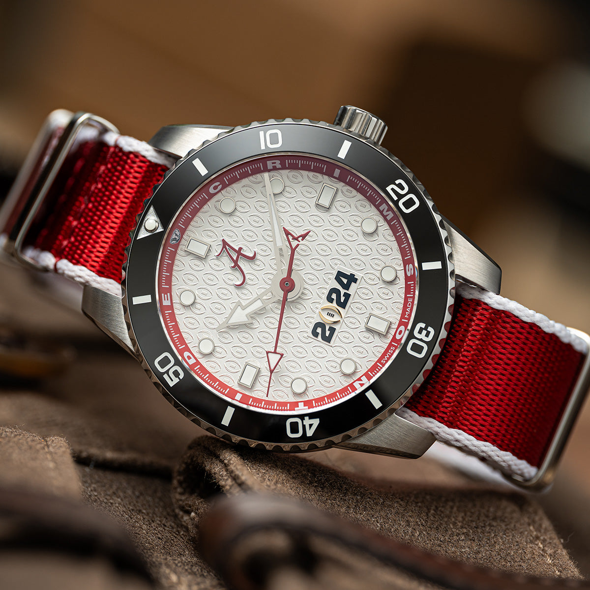 CFP 2024 Alabama Crimson Tide Odysseus swiss made automatic watch. NATO strap on leather.