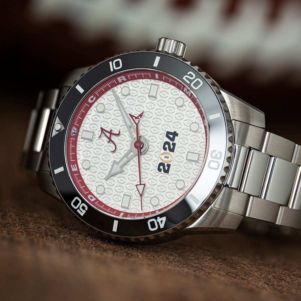 CFP 2024 Alabama Crimson Tide Odysseus swiss made automatic watch. Stainless steel bracelet.