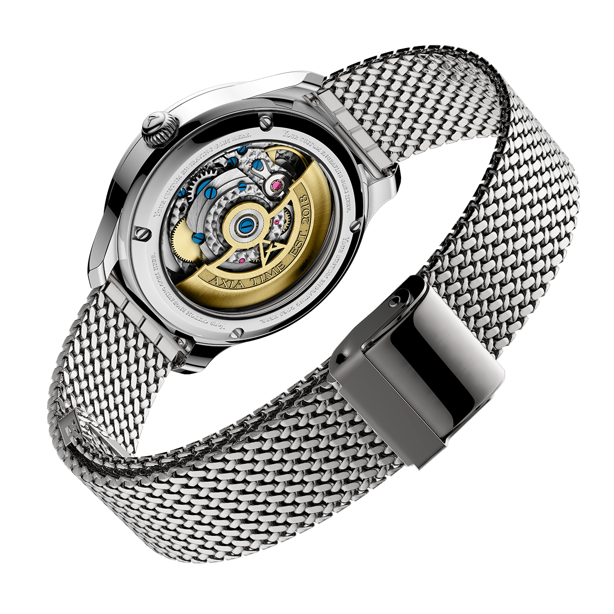 Penn State University Aletheia II. Swiss Made Automatic Watch. Back exhibition case view. Stainless steel mesh bracelet.