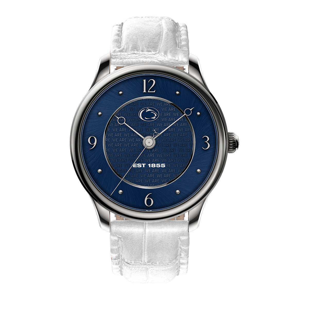 Penn State University Aletheia II. Swiss Made Automatic Watch. Front view. White apple leather strap.