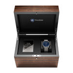 Penn State University Aletheia II. Swiss Made Automatic Watch. Wood display box open view.