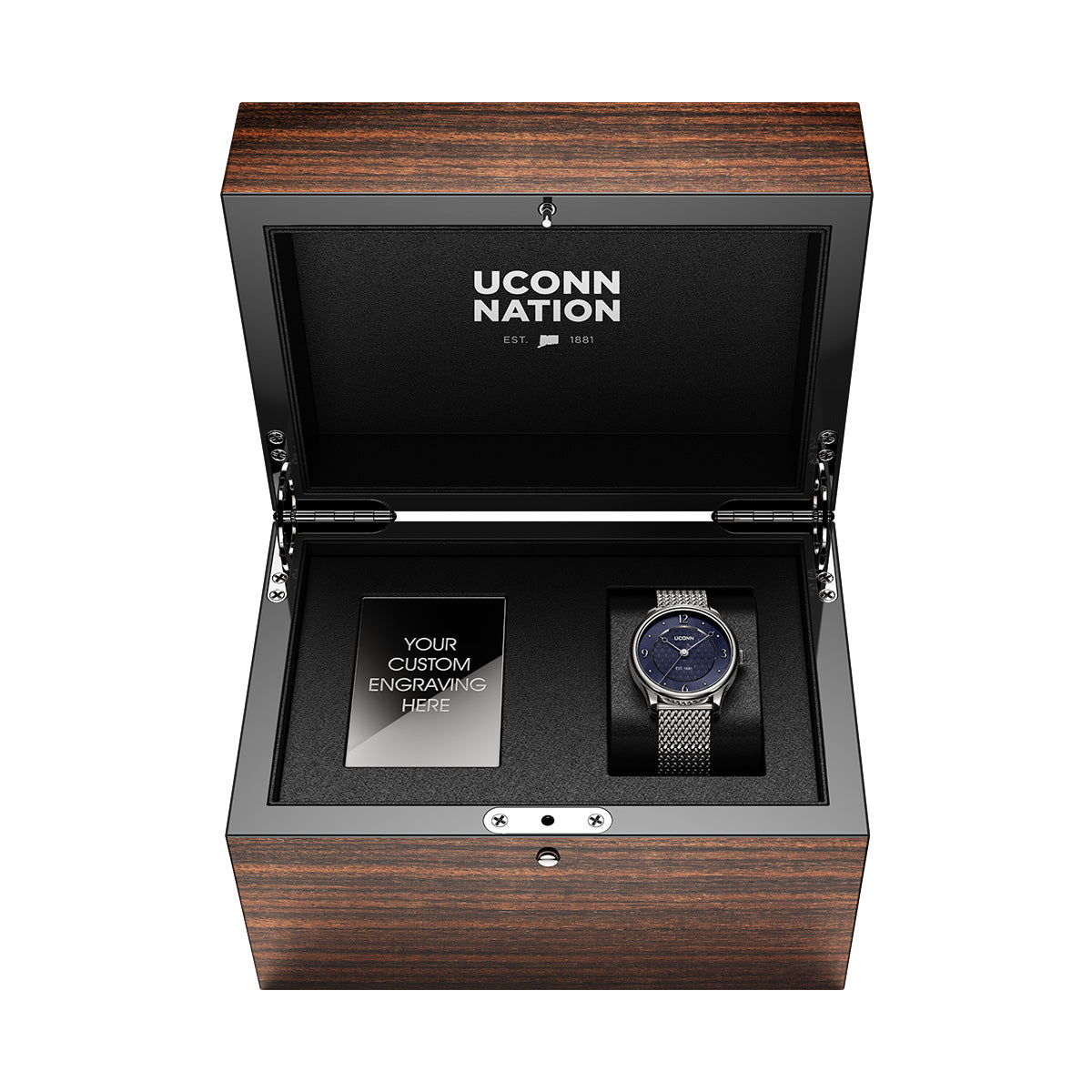 Aletheia UCONN University of Connecticut swiss made automatic watch. Wood display box, open view.