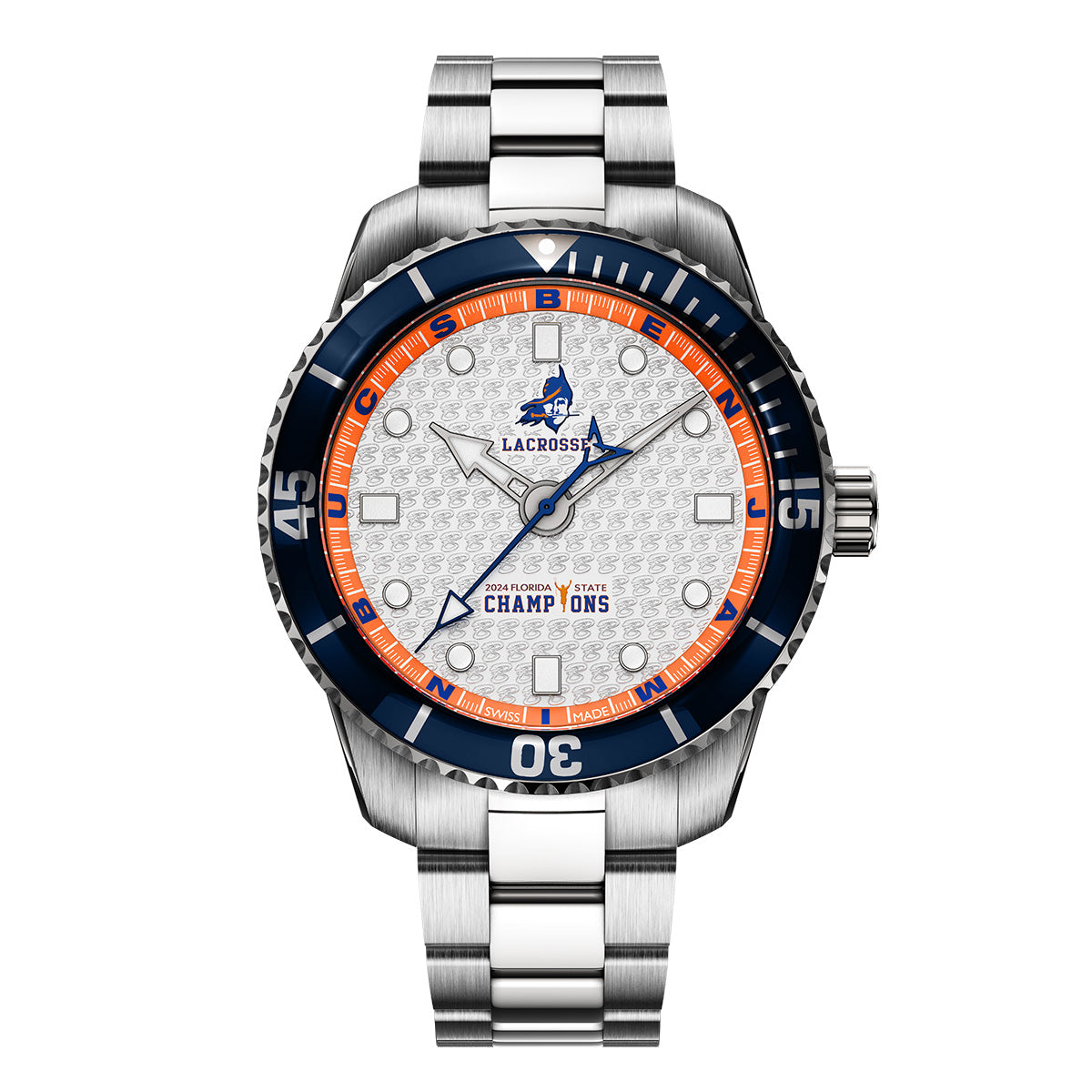 Benjamin school lacrosse 2024 florida state champions odysseus swiss made automatic watch. Front view with stainless steel bracelet.