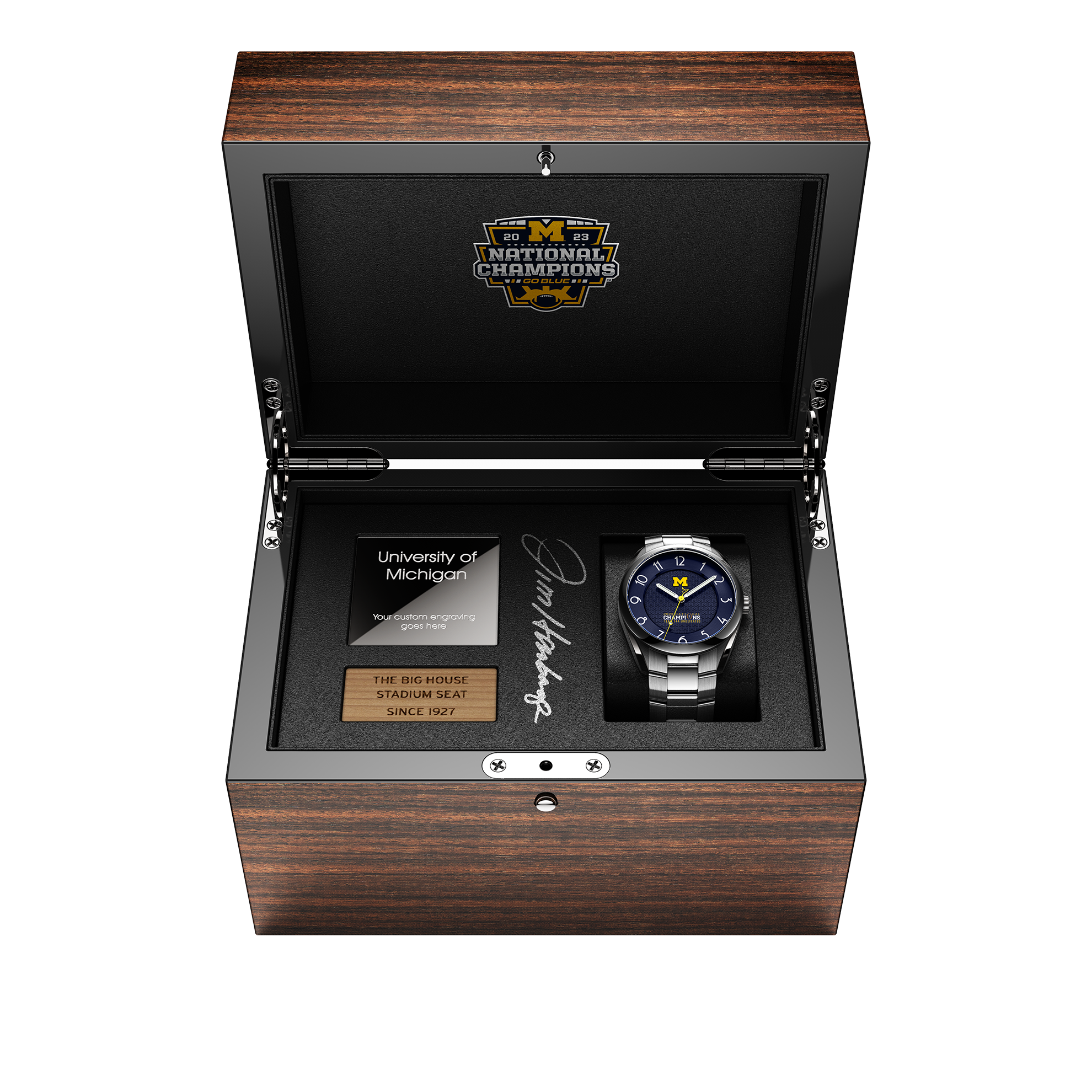 Jim Harbaugh signed autographed display box with a piece of the big house and Michigan 2023 National Champions CFP 2024 winners swiss made automatic watch