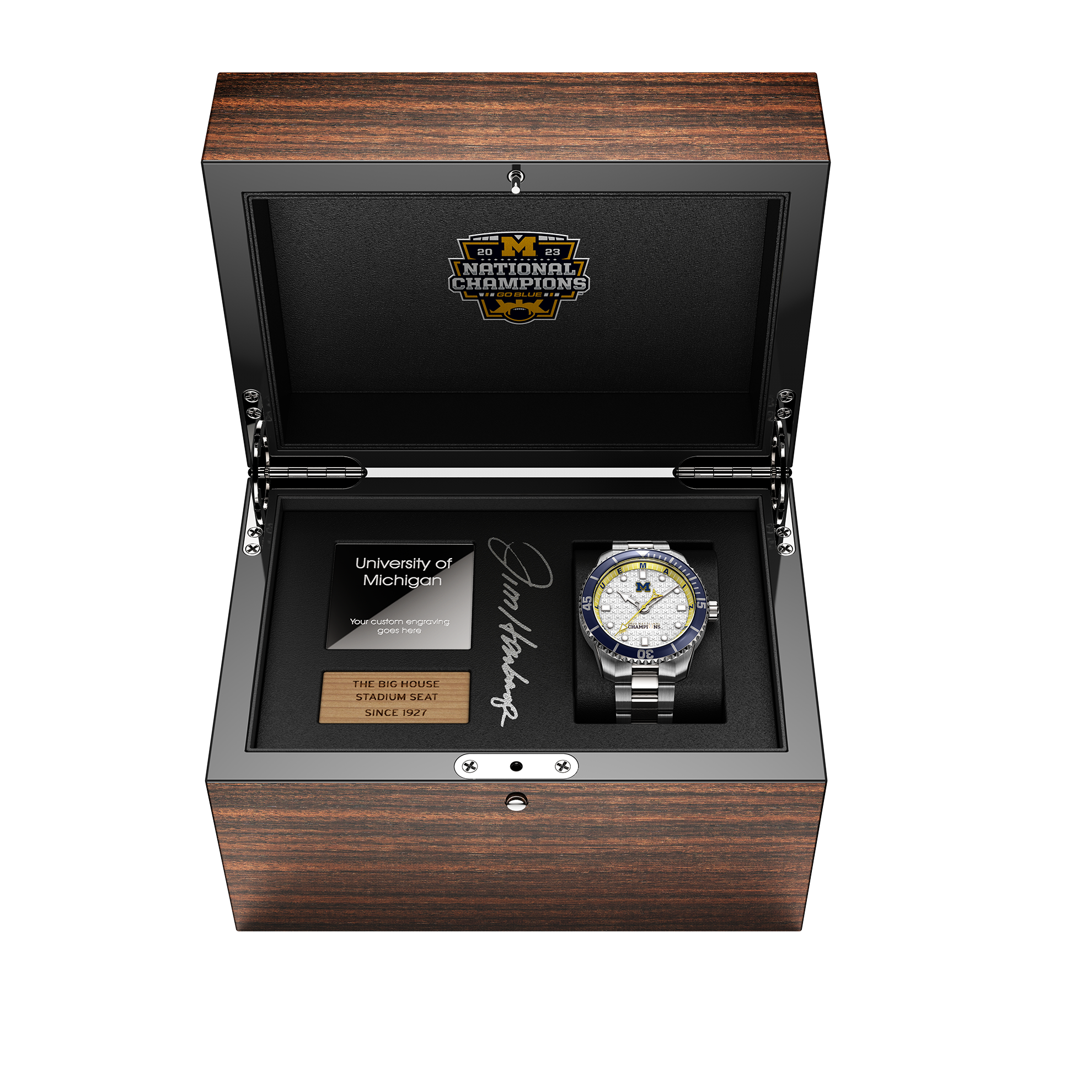 Jim Harbaugh signed box for Michigan 2023 National Champions CFP 2024 winners swiss made automatic watch