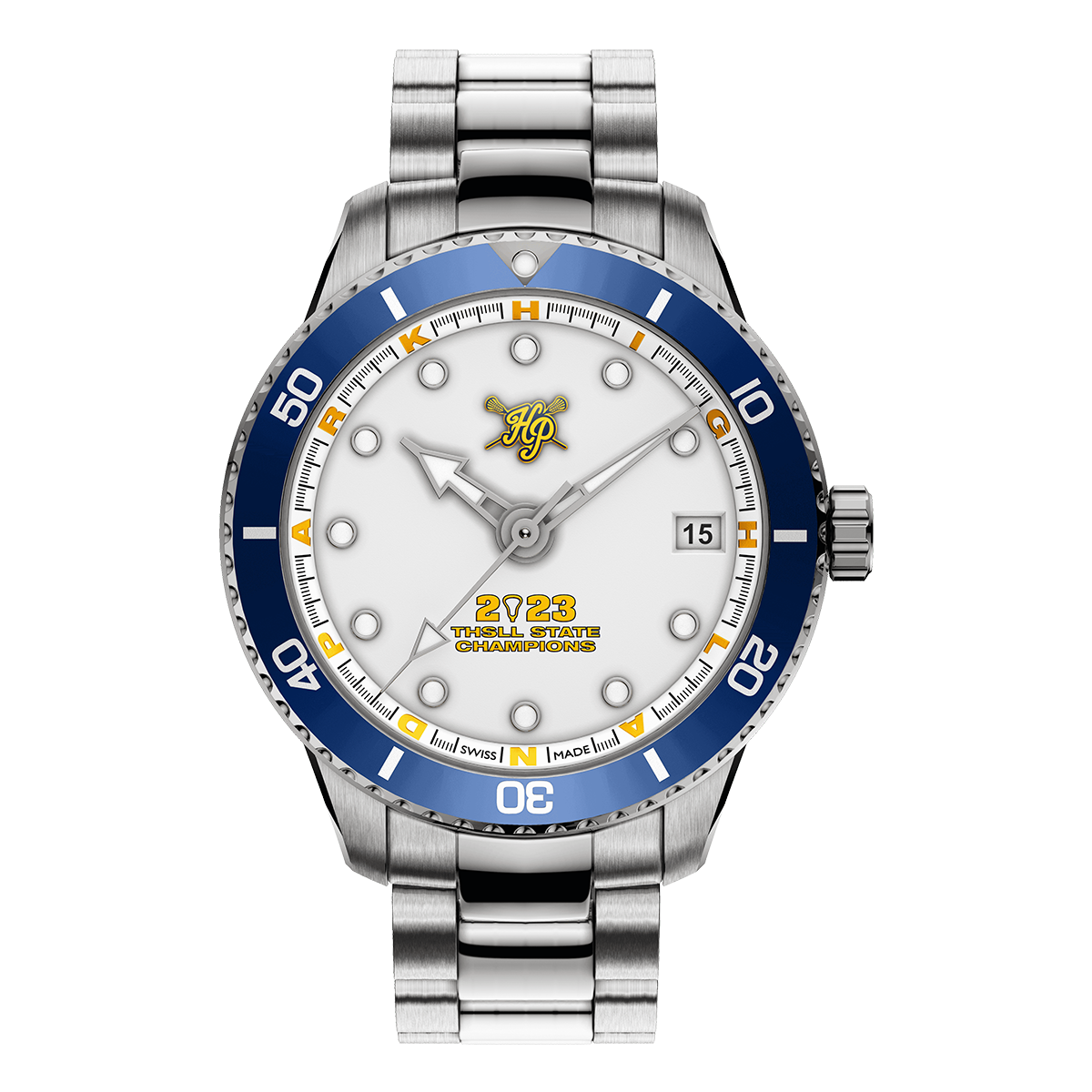 Highland Park 2023 THSLL State Champions Swiss made automatic watch. Front view.