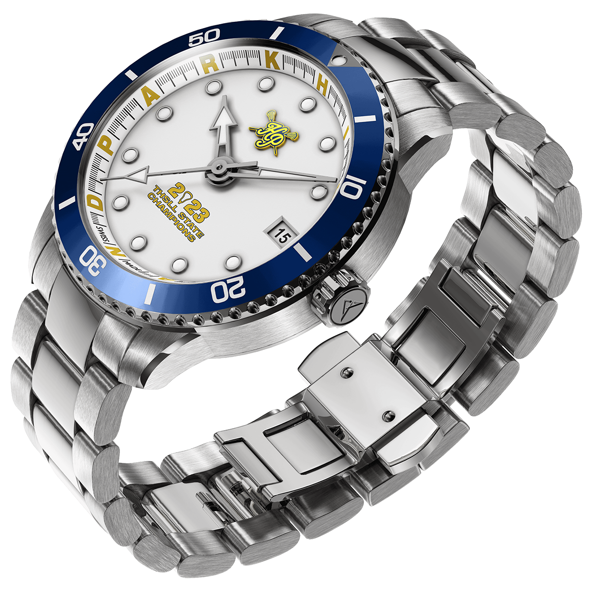 Highland Park 2023 THSLL State Champions Swiss made automatic watch. Three Quarter view.