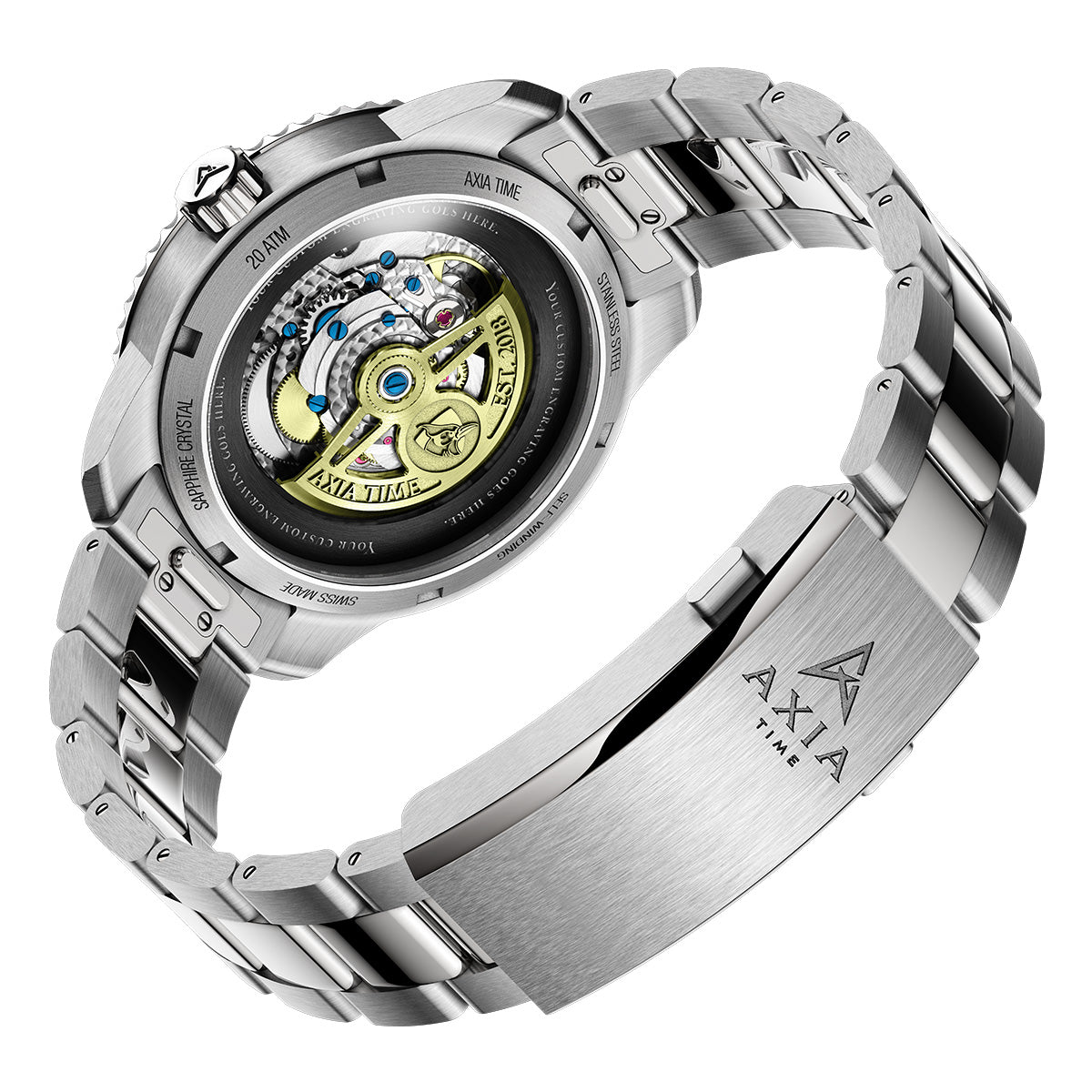 Johns Hopkins Lacrosse Odysseus Swiss made automatic timepiece. Steel bracelet back exhibition case custom rotor view.