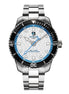 Johns Hopkins Lacrosse Odysseus Swiss made automatic timepiece. Steel bracelet front view.
