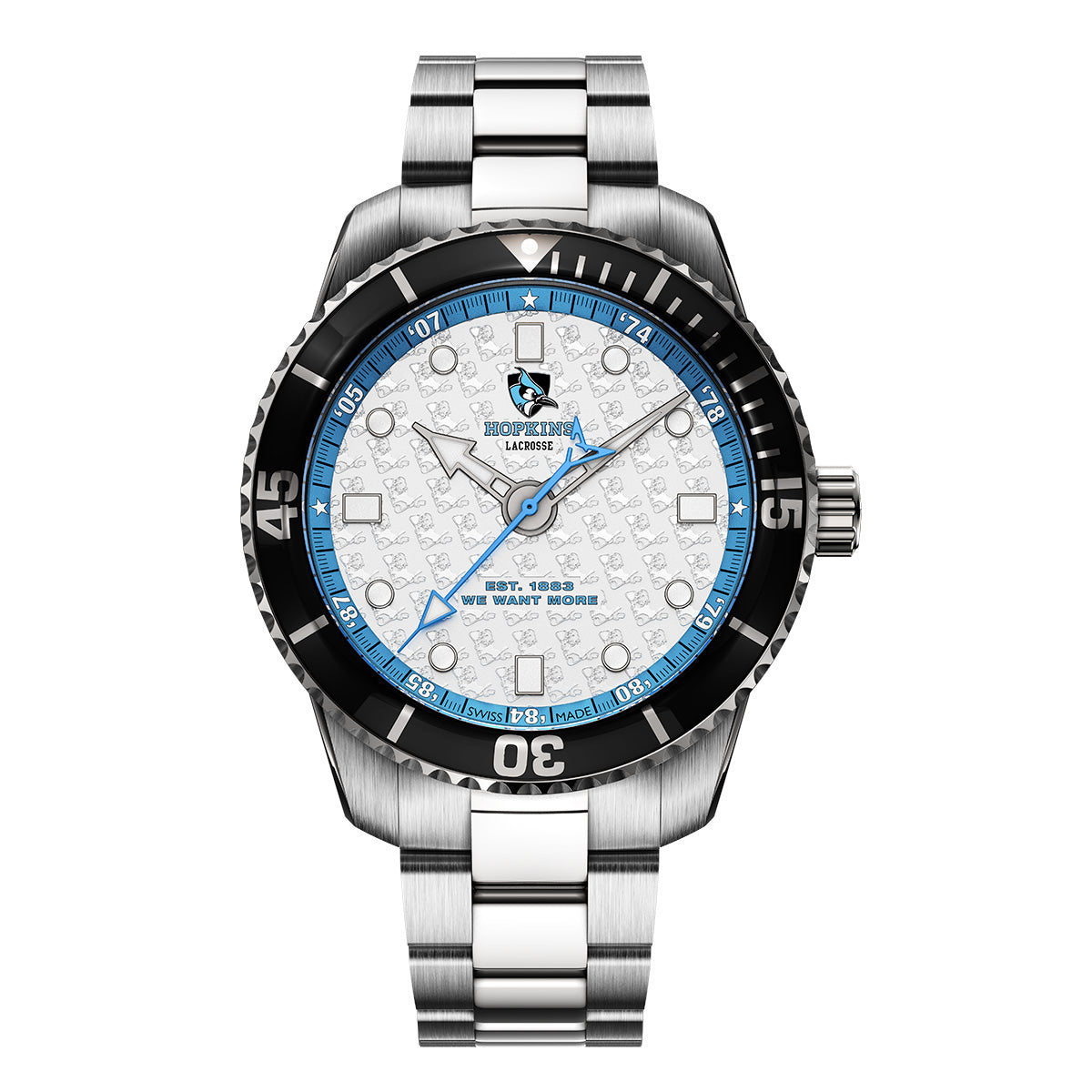 Johns Hopkins Lacrosse Odysseus Swiss made automatic timepiece. Steel bracelet front view.