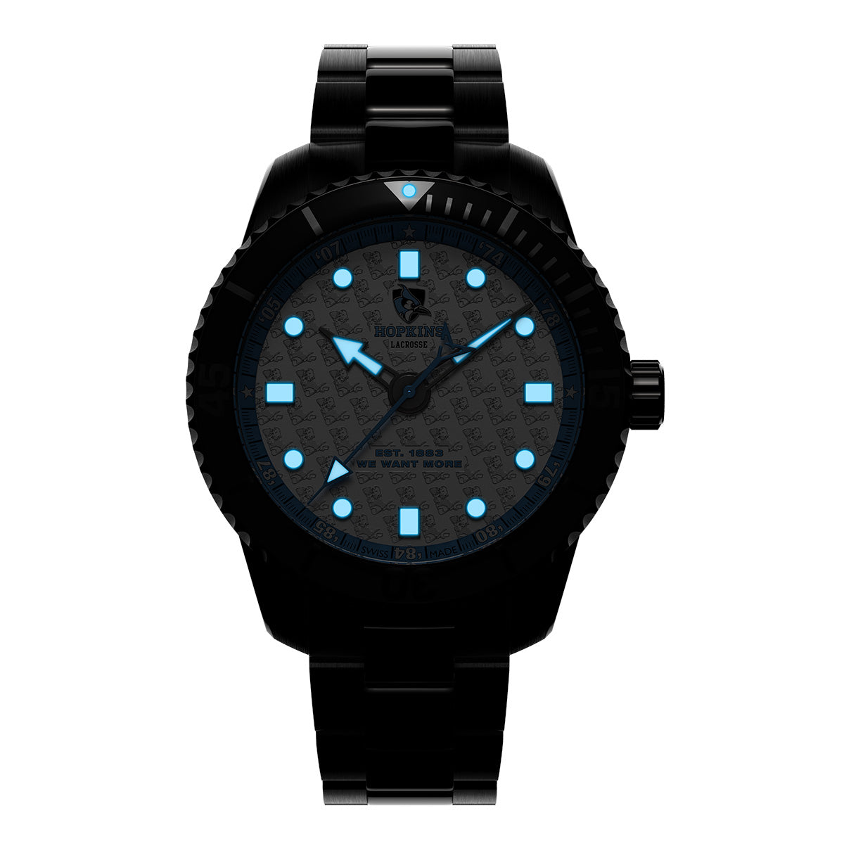 Johns Hopkins Lacrosse Odysseus Swiss made automatic timepiece. Steel bracelet lume view (glow in the dark).