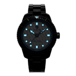 Johns Hopkins Lacrosse Odysseus Swiss made automatic timepiece. Steel bracelet lume view (glow in the dark).