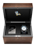 Johns Hopkins timepiece display box open featuring the Lacrosse Odysseus Swiss made automatic custom watch in NATO strap.