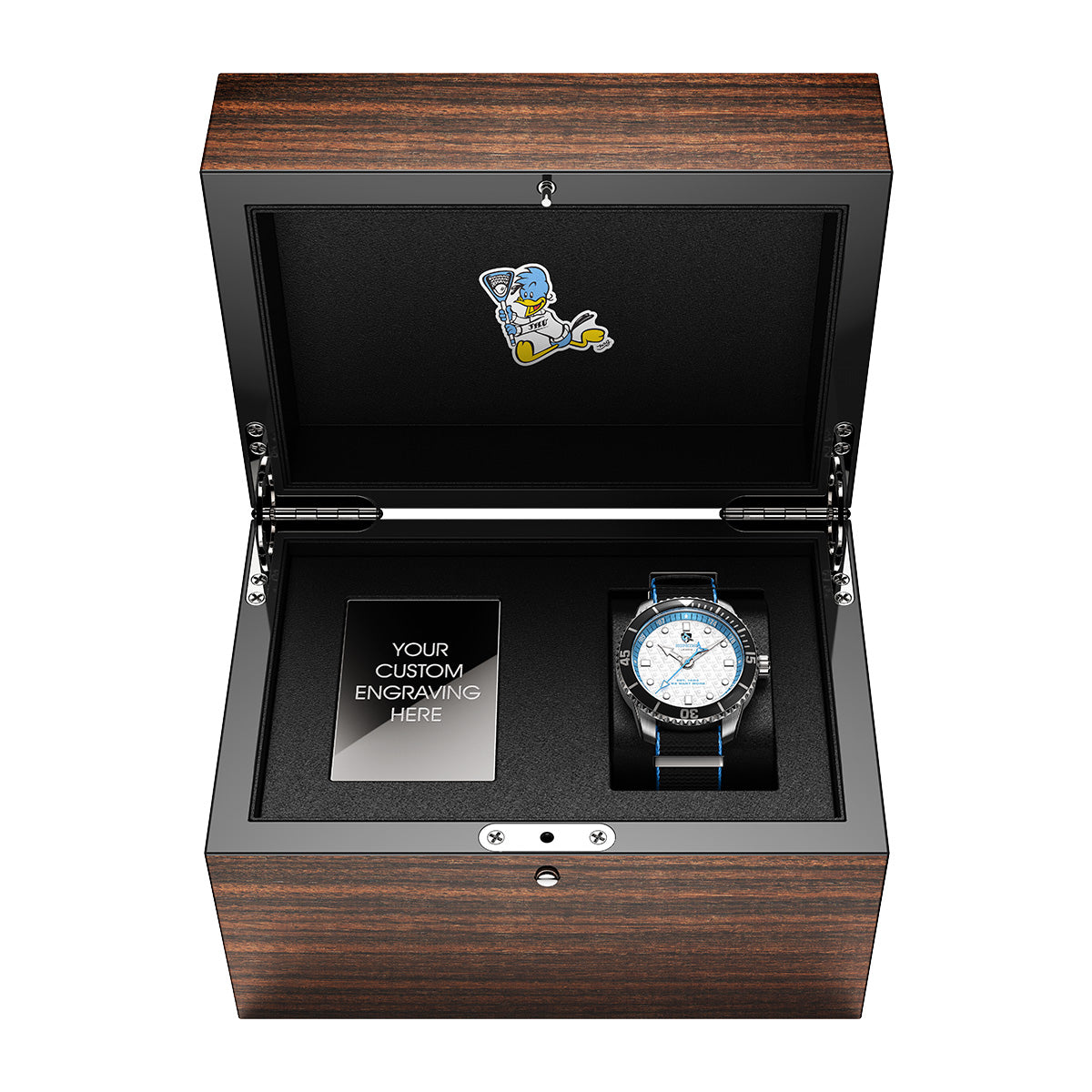 Johns Hopkins timepiece display box open featuring the Lacrosse Odysseus Swiss made automatic custom watch in NATO strap.