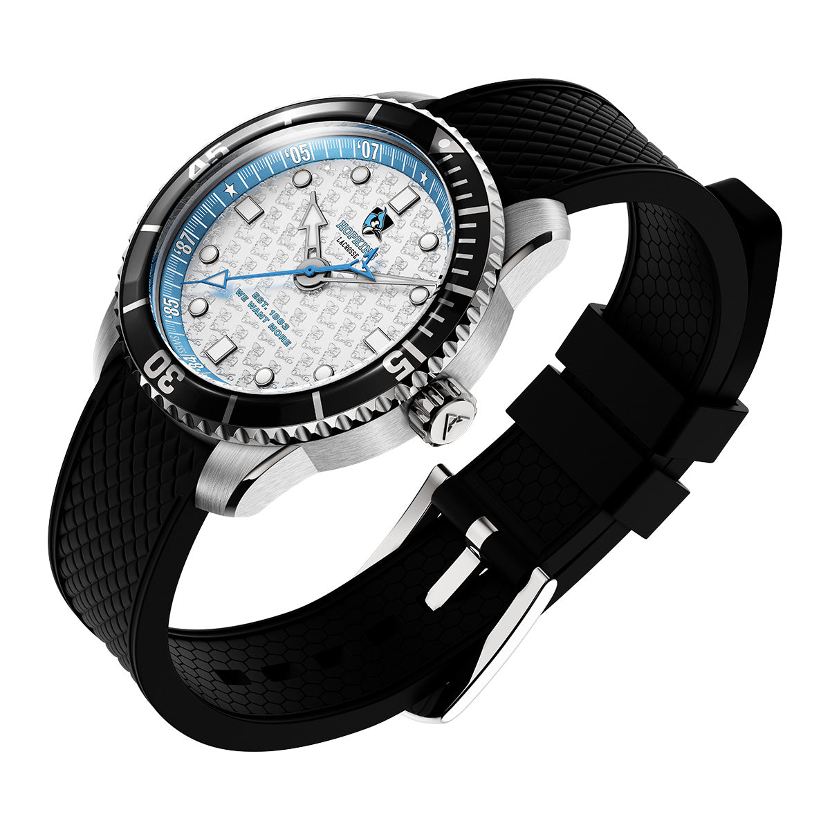 Johns Hopkins Lacrosse Odysseus Swiss made automatic timepiece. Rubber strap three quarter view.