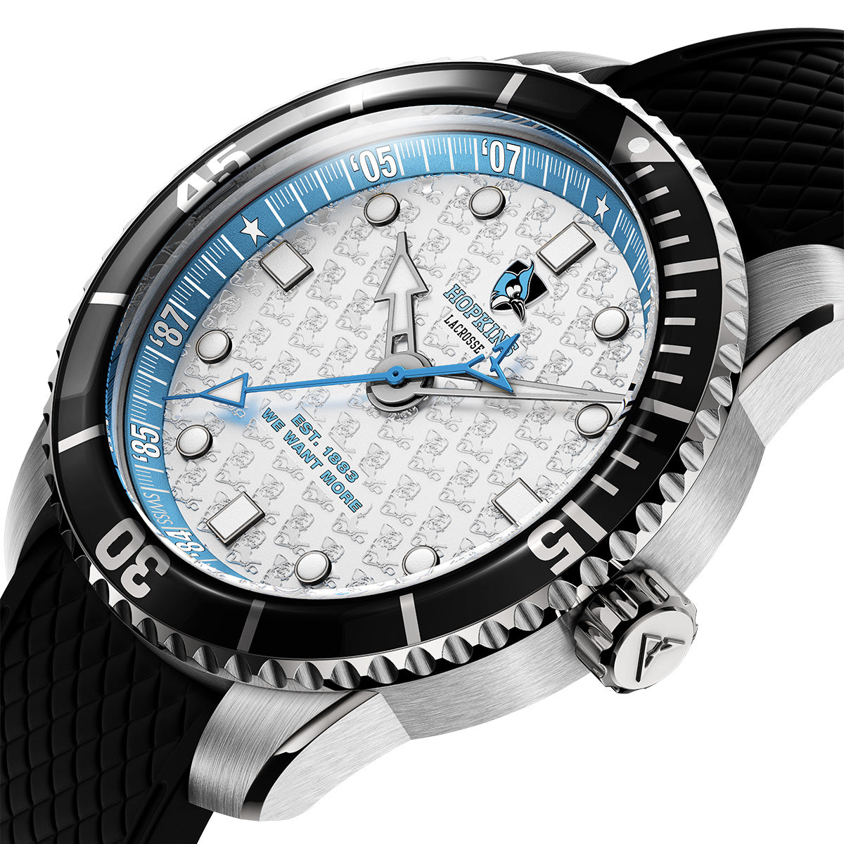 Johns Hopkins Lacrosse Odysseus Swiss made automatic timepiece. Rubber strap dial close up.