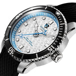 Johns Hopkins Lacrosse Odysseus Swiss made automatic timepiece. Rubber strap dial close up.