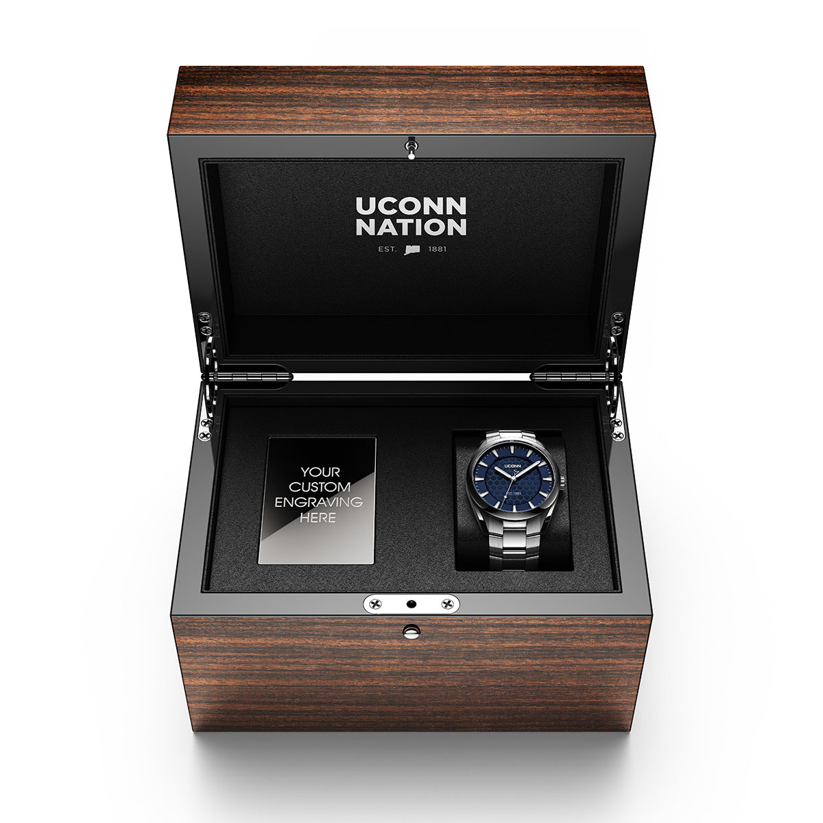 Kairos II UCONN University of Connecticut swiss made automatic watch. Wood display box, open view.